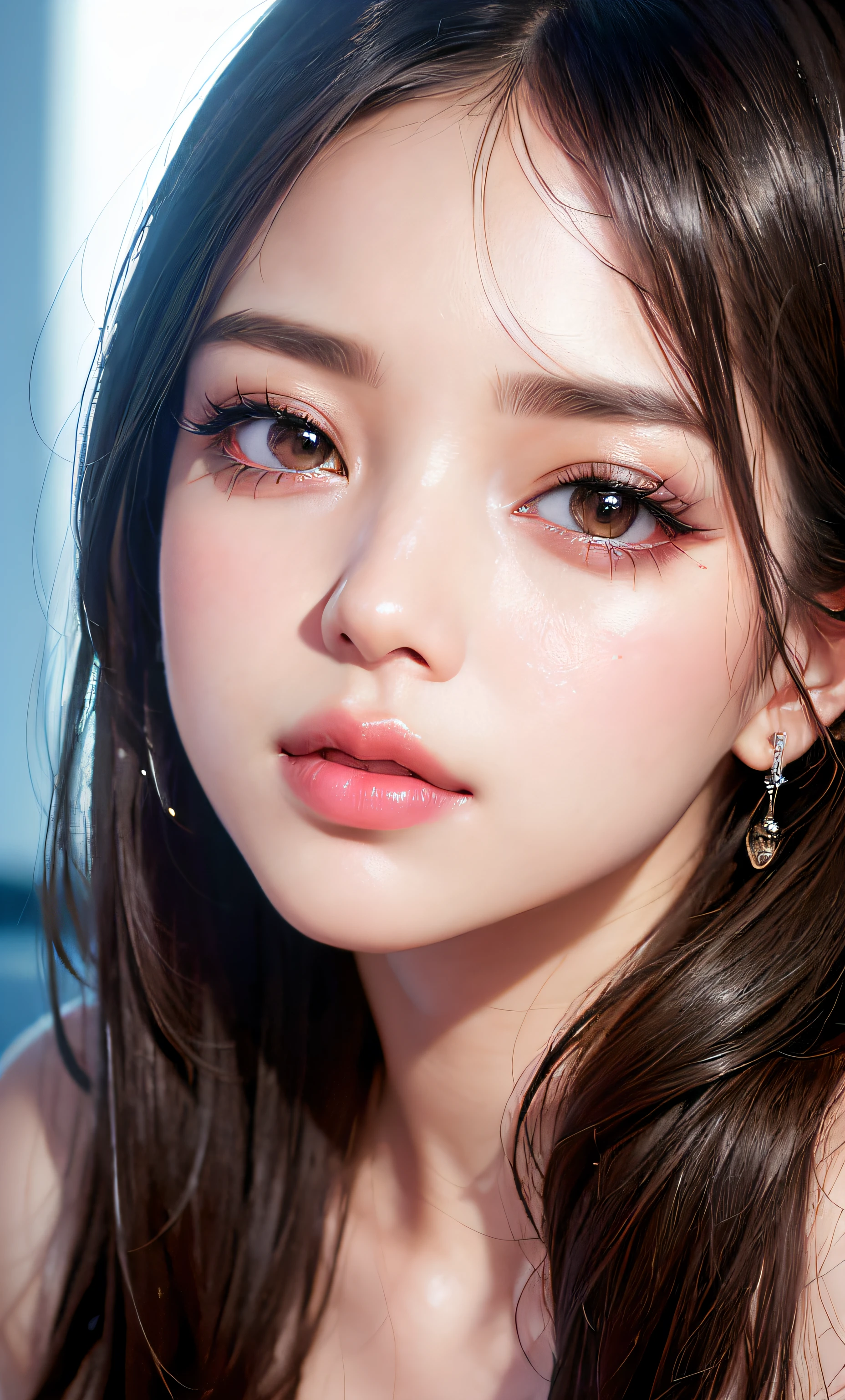 (8k, RAW photo, photorealistic: 1.25), (lip gloss, eyelashes, shiny face, shiny skin, best quality, ultra-high resolution, depth of field, chromatic aberration, caustics, wide range of lighting, Natural shading, Kpop idol) looking at the viewer with a calm and goddess-like happiness,