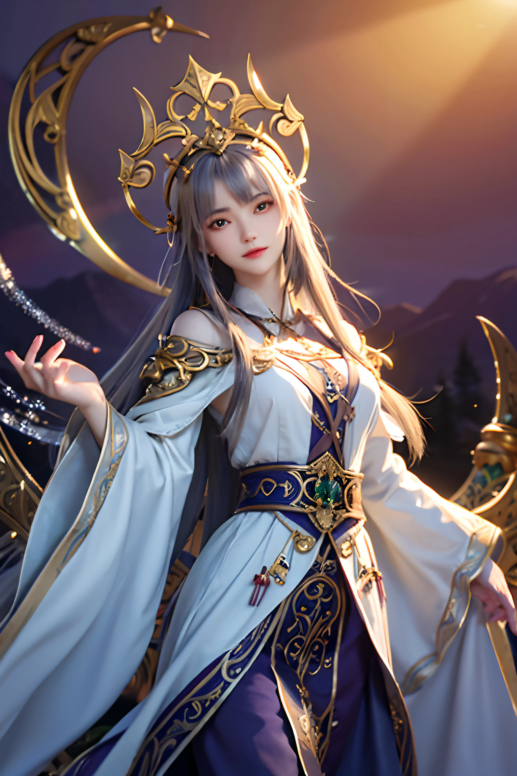 (High Detail, High Quality, High Resolution, FHD, 1080P, 2K4K18K), High Definition，Realistic and Delicate,Oil Painting Style,Ancient-Style Cultivation,Cultivating Immortal Arts Practitioner,Immortal Warlocks are dressed in gorgeous robes with gold, purple or emerald green as the main colors, embroidered with gorgeous runes or mysterious patterns, and wear wide-brimmed hats, on which hangs a crystal gem, noble, mysterious aura, ancient charms, focused spell casting, elemental manipulation, levitation artifacts, auspicious clouds Immortal cultivators sit cross-legged or float in the air, their bodies exude a faint aura, their hands are sealed, there is a palm up, palm down gesture, and a faint light between his fingers, ready to cast a spell, The Immortal Warlock's eyes were bright and shining, with a smile on his face,A character stands in front of a golden Taoist priest,Serene Valley,taoist,Mysterious Ancient Temple,Mysterious and Serene,Tranquil and Unique,Soft and Bright,Mysterious and Dim,Highly Saturated Green,Mysterious Purple,Centrally Positioned Subject,