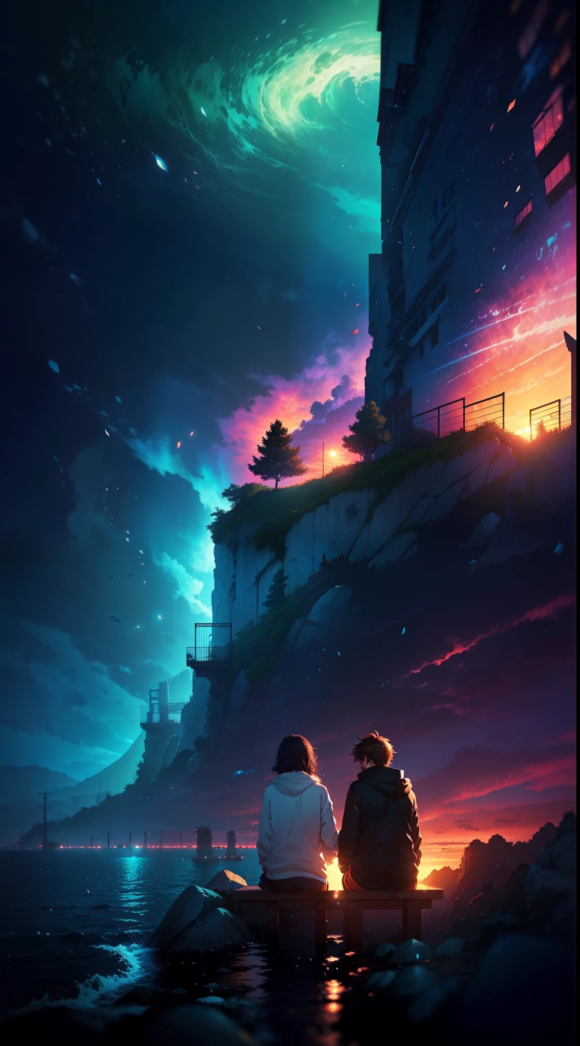 anime scene of two people sitting on a rock looking at a whale, makoto shinkai cyril rolando, guweiz and makoto shinkai, wallpaper anime blue water, ( ( makoto shinkai ) ), anime film still, makoto shinkai and bioware, blue sea. by makoto shinkai, colorful anime movie background