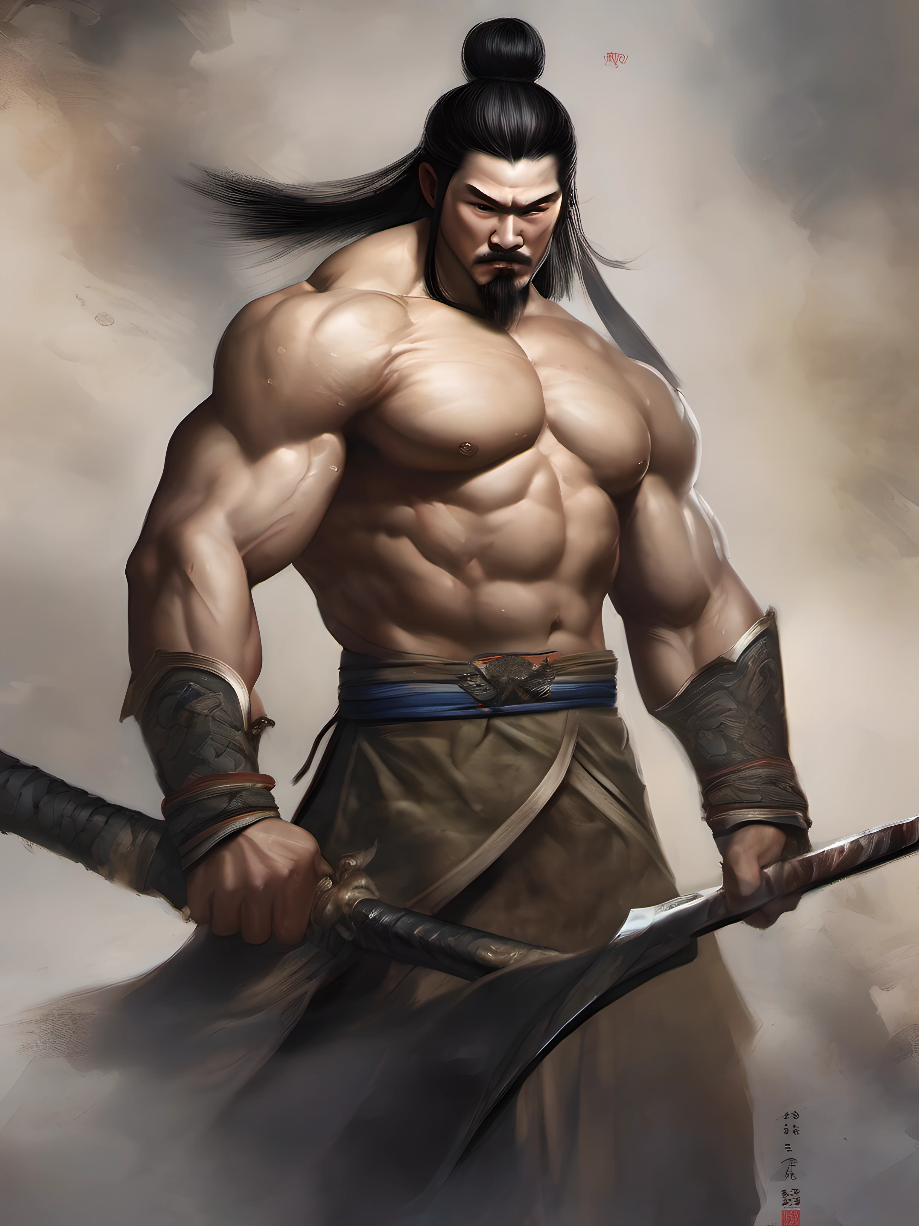 Lv Bu, tall and burly, robust physique, well-developed muscles, fearless spirit, Fang Tian painting halberd in his hand, a character from the Three Kingdoms period, realistic photography style,