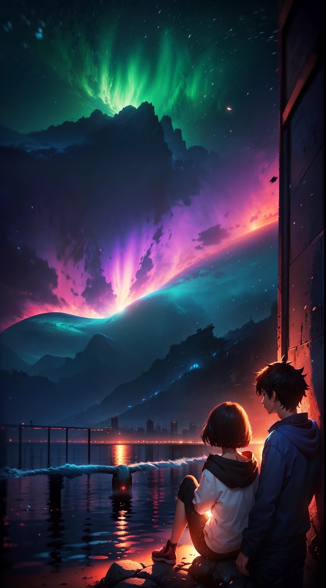 anime scene of two people sitting on a rock looking at a whale, makoto shinkai cyril rolando, guweiz and makoto shinkai, wallpaper anime blue water, ( ( makoto shinkai ) ), anime film still, makoto shinkai and bioware, blue sea. by makoto shinkai, colorful anime movie background