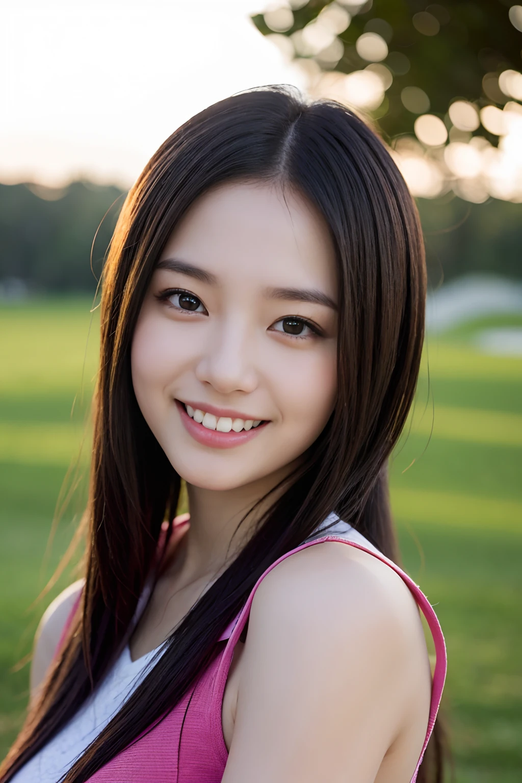 japanes、Big smile、golf course、Red Golf Wear、greenr、bunker、A sexy、the wind、Lashes、Magic Hour、large full breasts、 Smile, surrealism, high detailing, depth of fields,nffsw, tre anatomically correct, Textured skin, Super Detail, high details, High quality, awardwinning, Best Quality, hight resolution, 8K, 4 k, retinas, ccurate、shorth hair