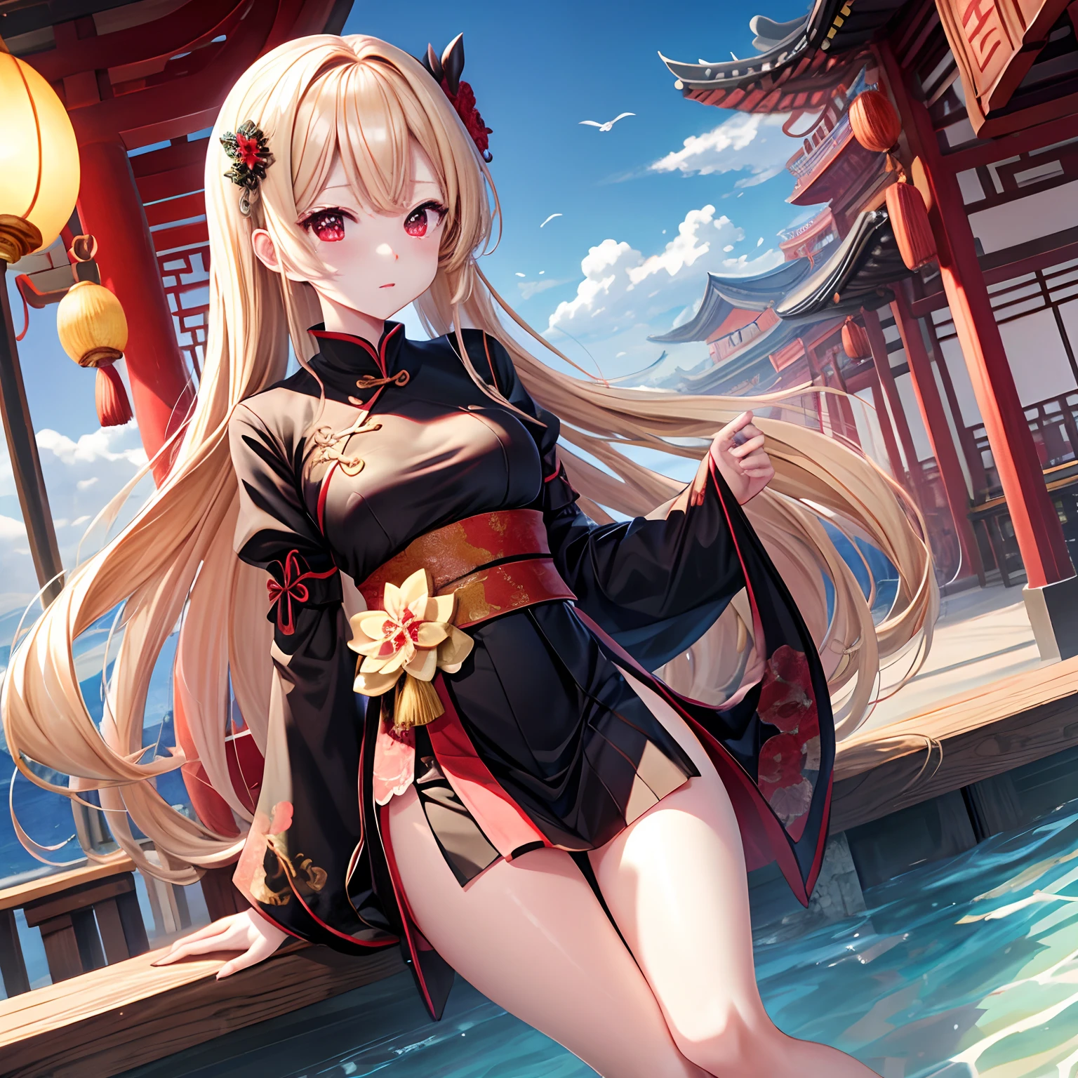 a blond、red eyes、One pretty girl、独奏、animesque、Black china clothes、sea side、a miniskirt