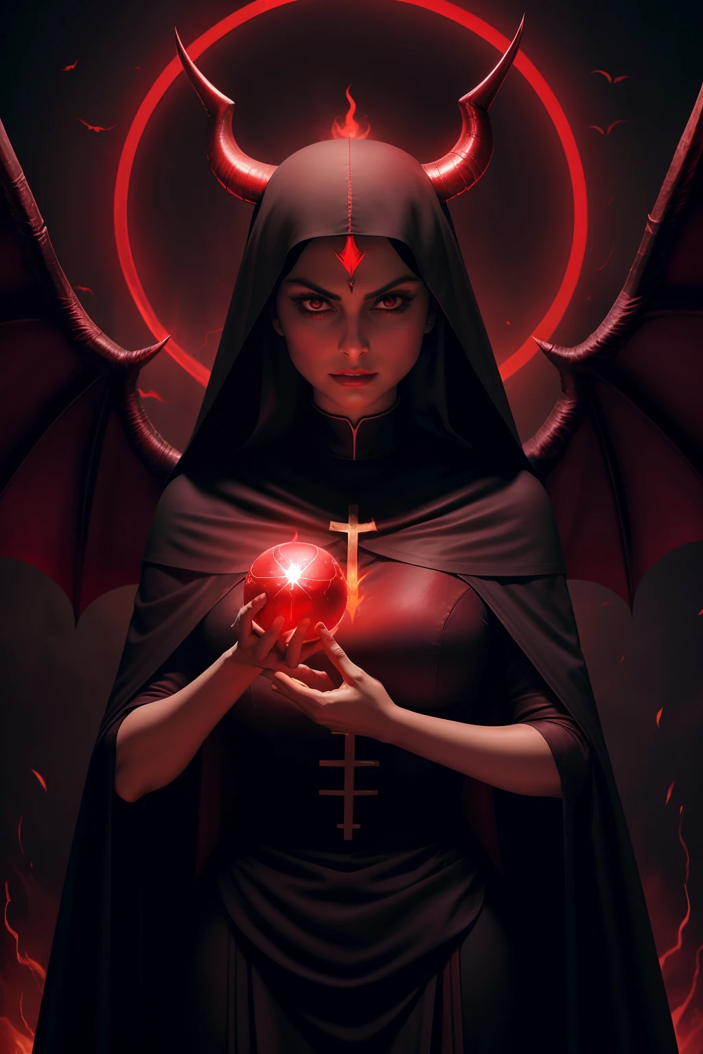 Morena Baccarin : The evil nun, Demon horn, Demon wings on the head , an evil red glow emanating from her, his hands preparing a purple ball of fire, diabolique, insidieux, Context of the Satanic Church