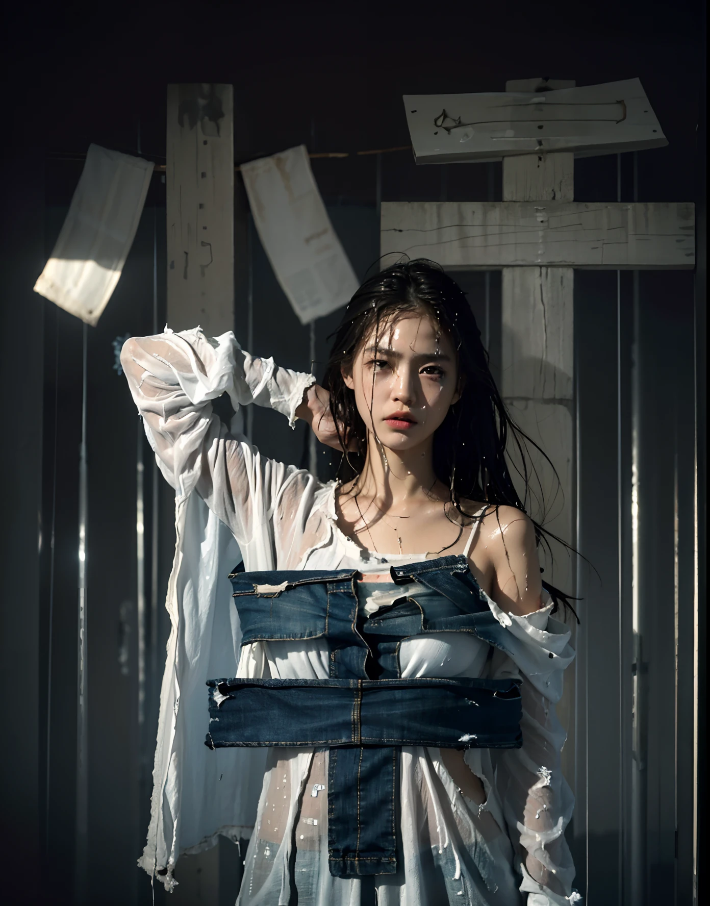 Best picture quality, masterpiece, ultra high resolution, (fidelity :1.4), photo, 1 girl,[(sadness)],white shirt, Dim, dark, desperate, pitying, pitiful, cinematic,tear,teardrop,(Torn clothes:1.5), (Wet clothes:1.4), bare shoulders,Real rain,wet hair,..