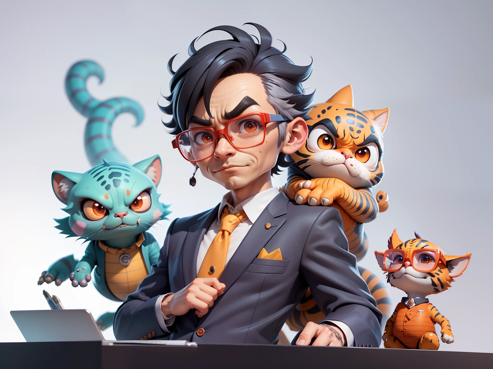 A young man in a suit, Short hair and glasses sat at his desk，holding laptop，digitial painting，tigre，3D character design by Mark Clairen and Pixar and Hayao Miyazaki and Akira Toriyama，4K HD illustration，Very detailed facial features and cartoon-style visuals。