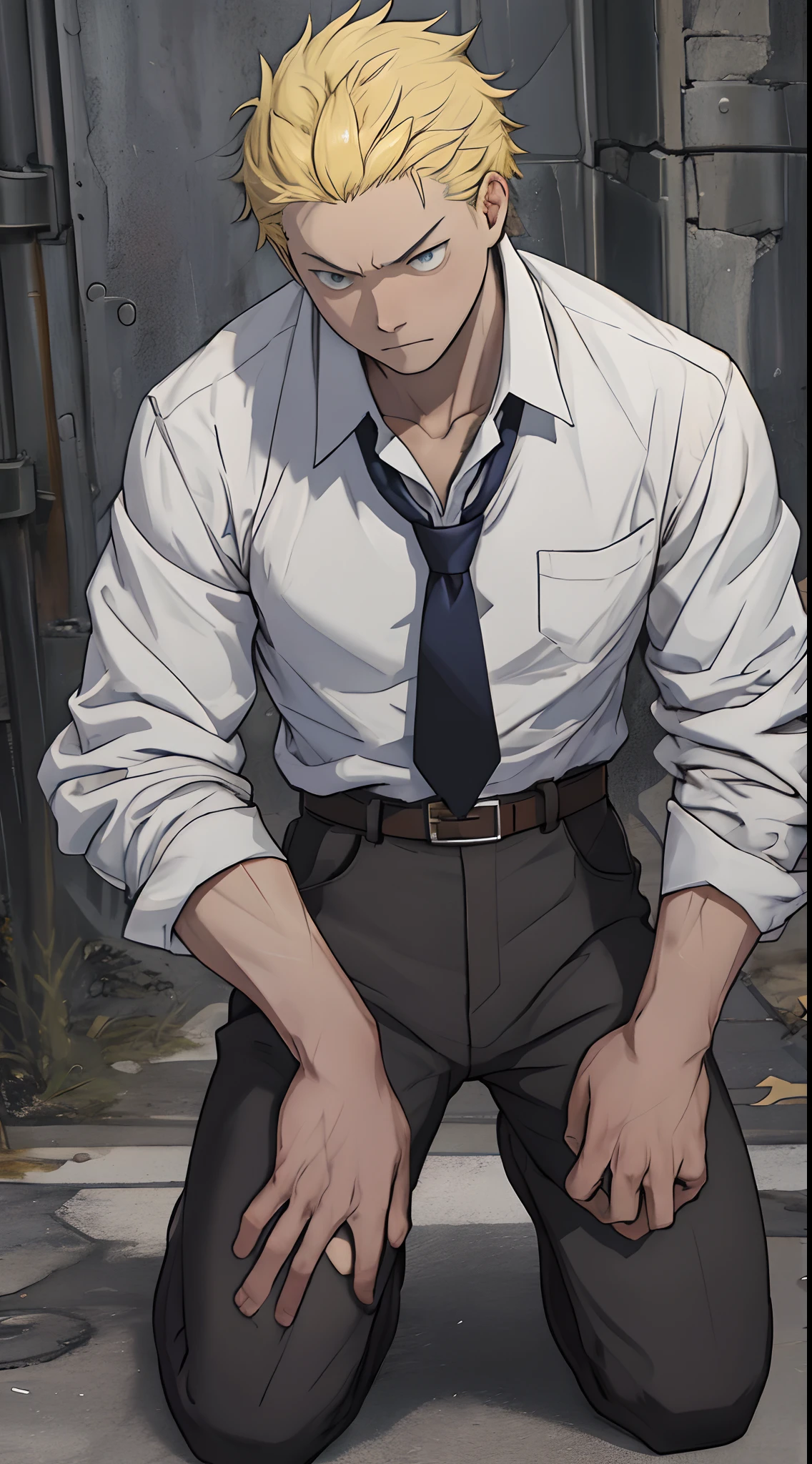 (1 Adult male),A high resolution, Sharp focus, Pixiv masterpiece, ((Complicated details)), highly detailed, natsuki_subaru, 1 man,Defeat, crestfallen,full bodyesbian,kneels on the ground, (A gesture of pleading),blue color eyes(eyes glowing), Short yellow hair,white shirt,Wear a tie,Wear a belt,perspire,look from down