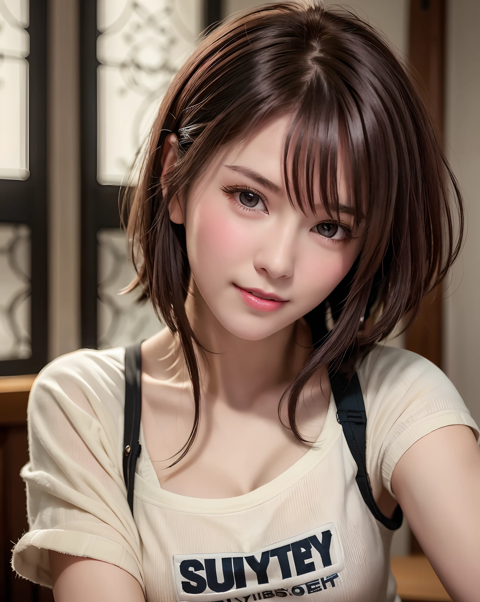 Best Quality, Ultra High Resolution, (Photorealistic: 1.4), Beautiful Eyes, Super Beautiful, Very Short Hair, Beautiful, Sweetheart, T-shirt with Rough Chest, Beautiful Soldier, Eyes That Invite Viewer, Lover's Perspective, Inviting Expression, Sexy Smile, Perfect Style, Perfect Balance, Detailed Skin, Naughty Gaze, Chest Visible