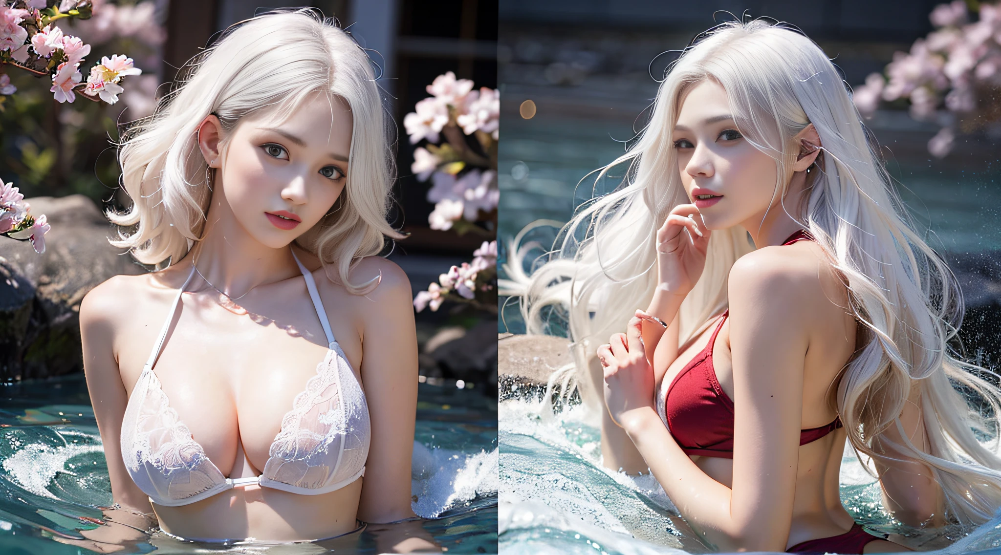 ((((Beautiful white hair))))、((small head))、Beautie、Beautuful Women、Japan Idol、(Perfect body:1.1)、(年轻)、(Beautiful white hair with short wavy:1.2)、(((8K))、(( Raw photography)))、(((a white bikini)))、(Highly detailed 8k wallpapers)、(extremely delicate and beautiful)、(​masterpiece)、(top-quality:1.0)、(超A high resolution:1.0)、beautiful  lighting、Perfect Lightning、realistic shadow、[hight resolution]、 Detailed skin、ultra-detailliert、thin clavicle、perspired、爆乳、huge tit、beutiful breast、red blush、Photorealsitic、Lifelike face、realisticeyes、is looking at the camera、a smile、 Lips with pink lips、natural make up、The best very happy smile、((best qualtiy)), ((tmasterpiece)), huge filesize, ultra-detailliert, hight resolution, ighly detailed, top-quality, ​masterpiece、full bodyesbian、Three-dimensional depiction、all-fours、all-fours、all-fours、((Show your))、((Show your))、Rear view、Rear view、Rear view、Rear view、s ass、s ass、s ass、s ass、A sexy、Mare、under the water