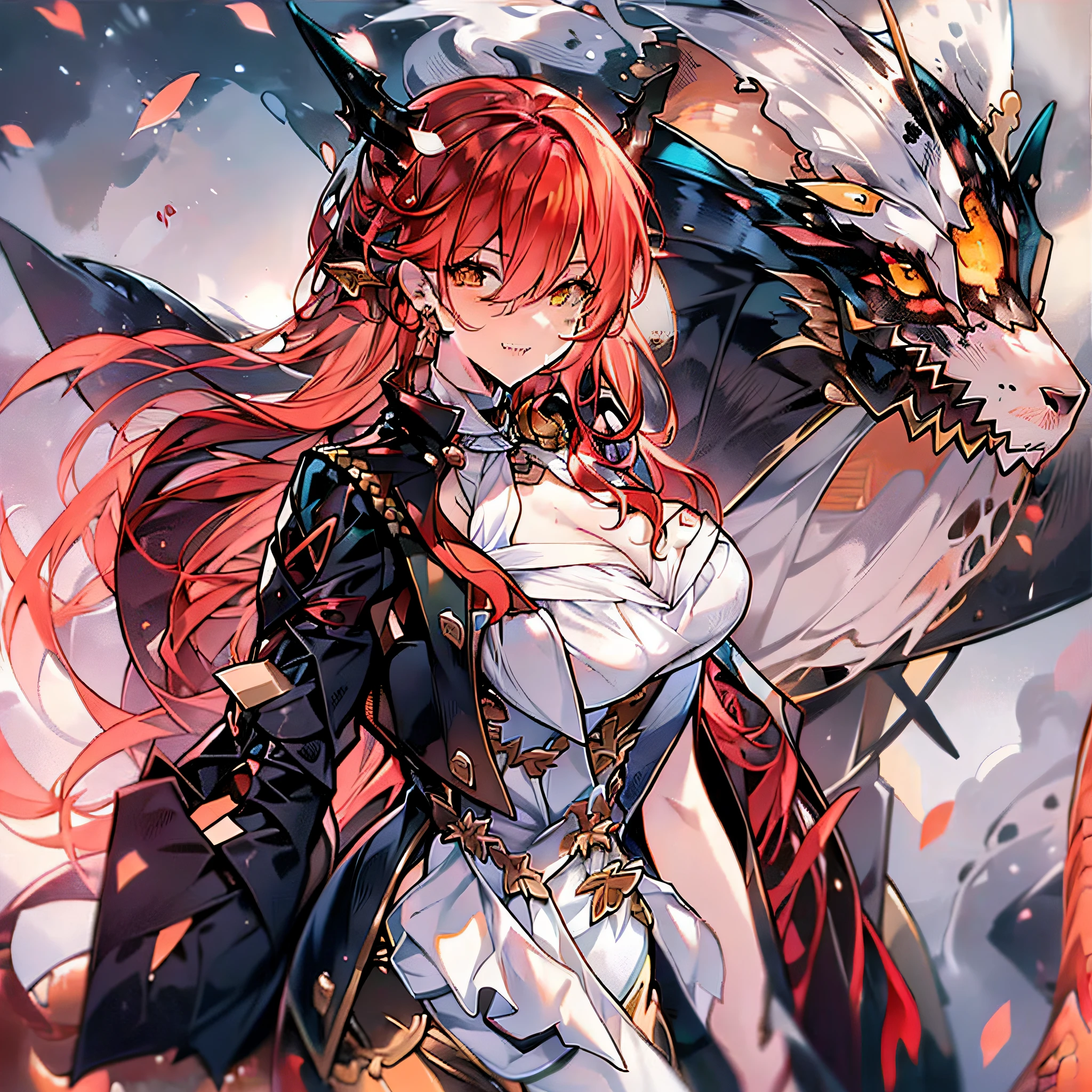 Young woman between 20 years old, long red hair orange eyes, sharp teeth, simple clothing, dragon ear, dragon horn, big chest, dragon eyes, dragon skin