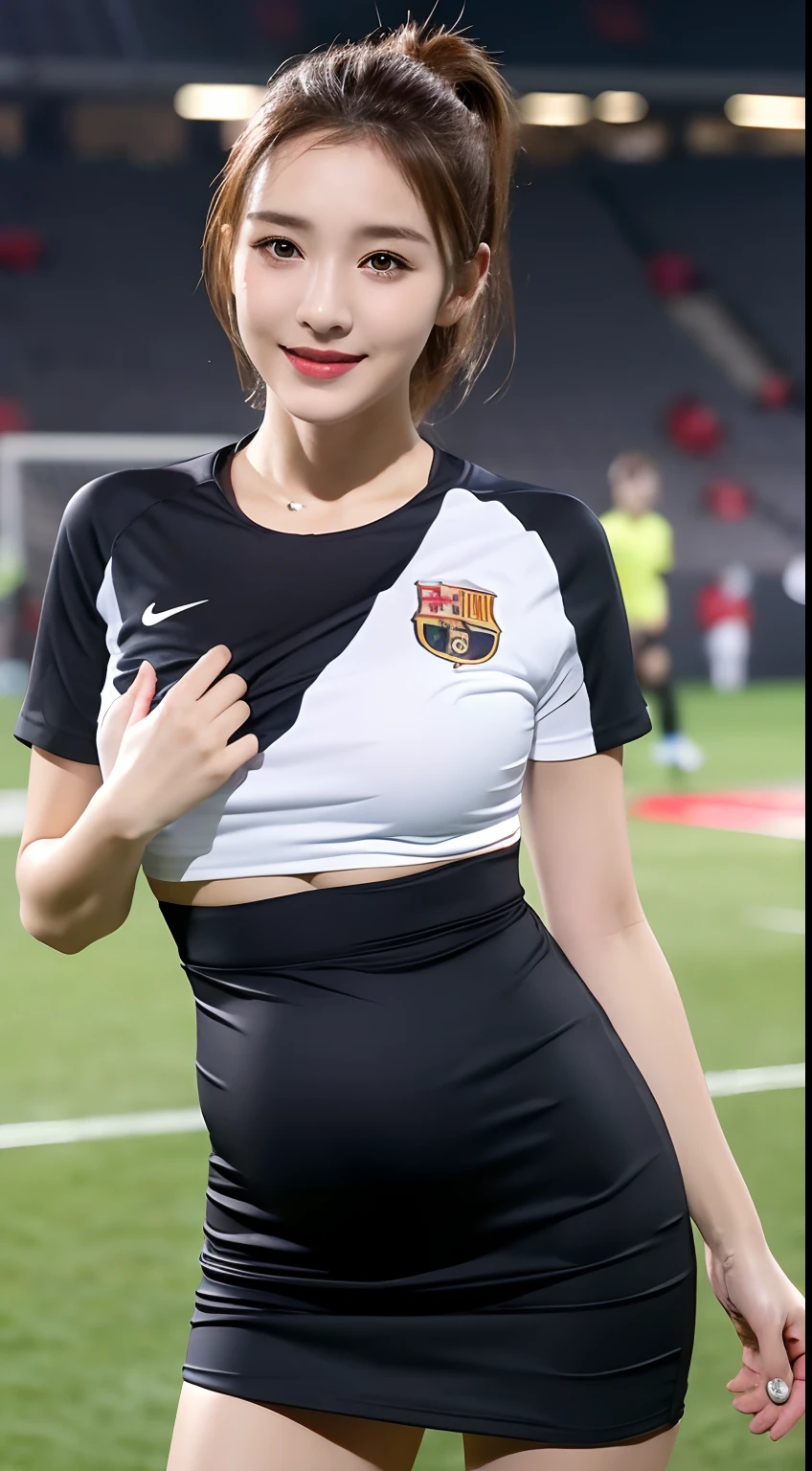 ((Best Quality, 8K, Masterpiece: 1.3)), 1girl, Slim Abs Beauty: 1.3, (Hairstyle Casual,Super Big Breasts: 2.5), Dress: 2.5, Super Fine Face, Delicate Eyes, Double Eyelids, Smile,Korean Girl,,Ponytail Brown Hair,Tight Wet White Black Barcelona Shirt And Torn Wet Black Mini Skirt Outfit,On The Football Field,And Playing Football,Kick The Ball And Goal,Pregnant Girl