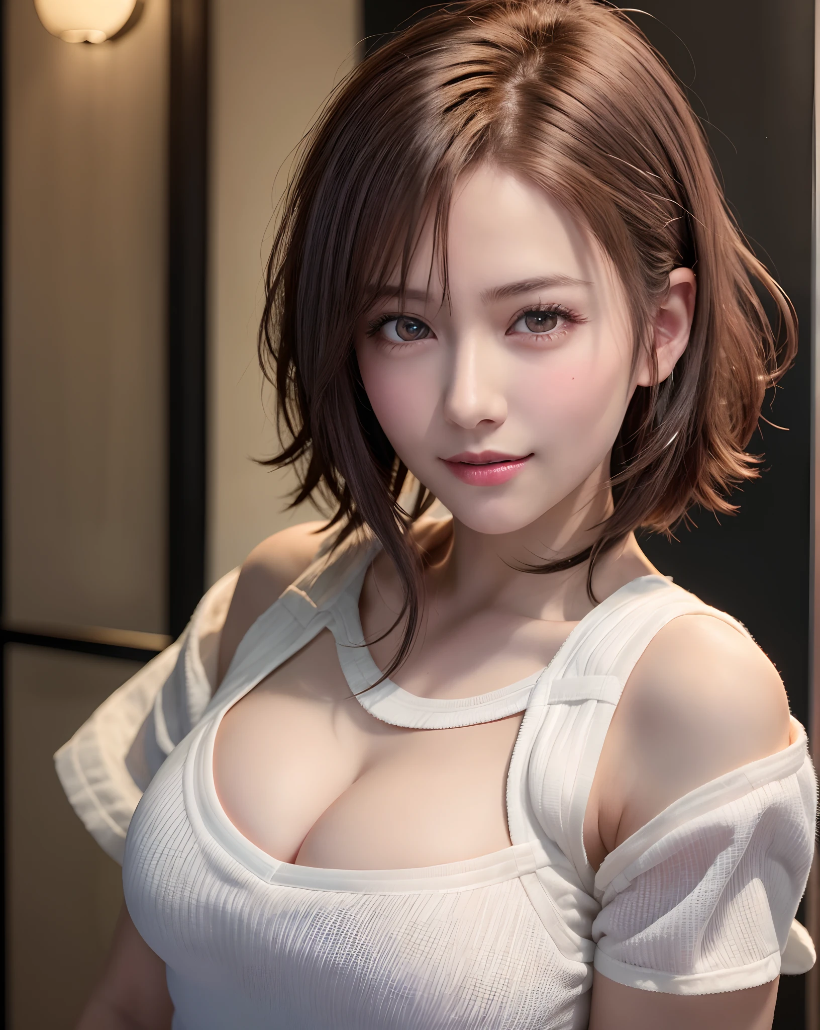 Best Quality, Ultra High Resolution, (Photorealistic: 1.4), Beautiful Eyes, Super Beautiful, Very Short Hair, Beautiful, Sweetheart, T-shirt with Rough Chest, Beautiful Soldier, Eyes That Invite Viewer, Lover's Perspective, Inviting Expression, Sexy Smile, Perfect Style, Perfect Balance, Detailed Skin, Naughty Gaze, Chest Visible