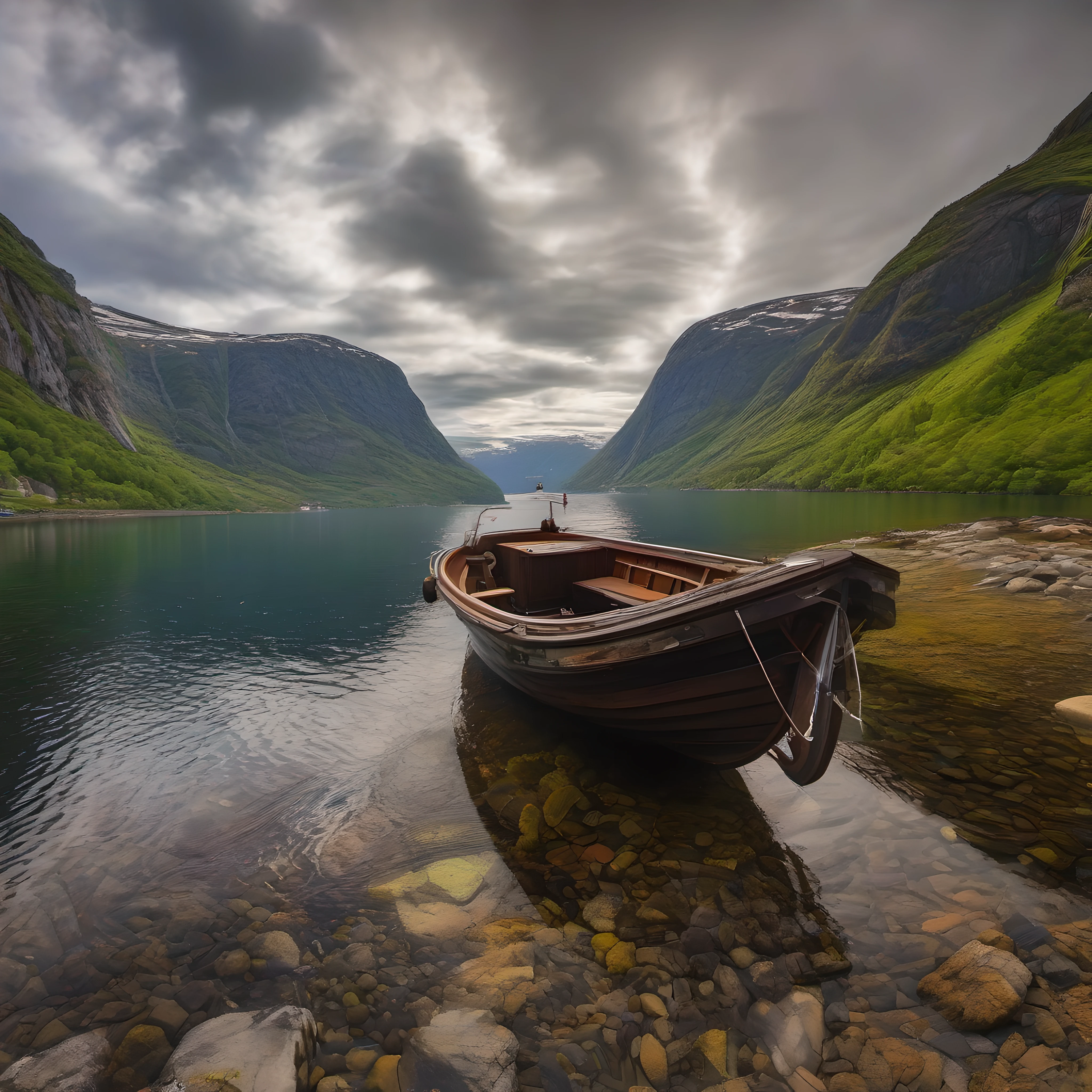 hires, detailed, Norwegian fjords and a boat. fisheye lens.