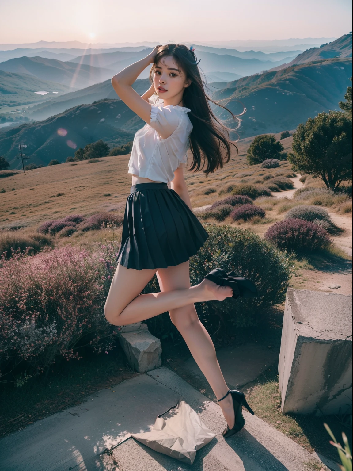 Splitting characters is prohibited,(Full body shot:2),(1girll:1.5), Must show your face, (anatomy correct:1.3), (Dance on top of a mountain:1.2),The breath of nature, (Lolita skirt:1.5),(Polished pointed toe heels:1.2),(lacepantyhose:2), Keep your feet off the ground,(In pink|amarelo|blue colors|green color|red colour|white colors|black in color|purpleish color|greys|Beige|Flesh-colored),(Accurate and perfect face:1.3),(Skin reflection:2),(gloss on the skin:2),A shallow laugh, Complex and diverse backgrounds,Strangling effect,hyper HD, Ray traching, reflective light,structurally correct, Award-Awarded, high detal, lightand shade contrast, Face lighting,cinmatic lighting, tmasterpiece, super detailing, high high quality, high detal, best qualityer, 16k