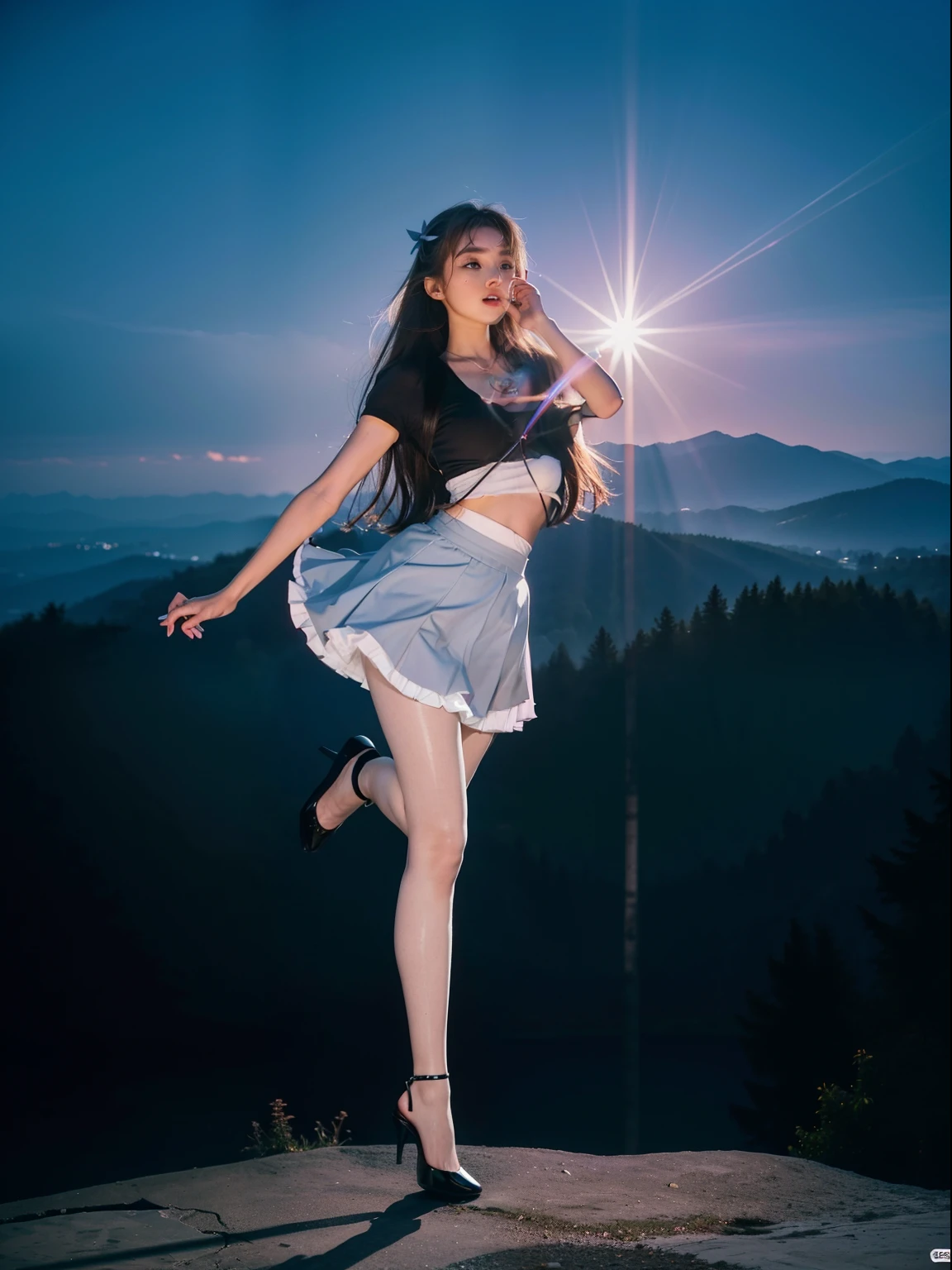 Splitting characters is prohibited,(Full body shot:2),(1girll:1.5), Must show your face, (anatomy correct:1.3), (Dance on top of a mountain:1.2),The breath of nature, (ta skirt:1.5),(Polished pointed toe heels:1.2),(lacepantyhose:2), Keep your feet off the ground,(In pink|amarelo|blue colors|green color|red colour|white colors|black in color|purpleish color|greys|Beige|Flesh-colored),(Accurate and perfect face:1.3),(Skin reflection:2),(gloss on the skin:2),A shallow laugh, Complex and diverse backgrounds,Strangling effect,hyper HD, Ray traching, reflective light,structurally correct, Award-Awarded, high detal, lightand shade contrast, Face lighting,cinmatic lighting, tmasterpiece, super detailing, high high quality, high detal, best qualityer, 16k