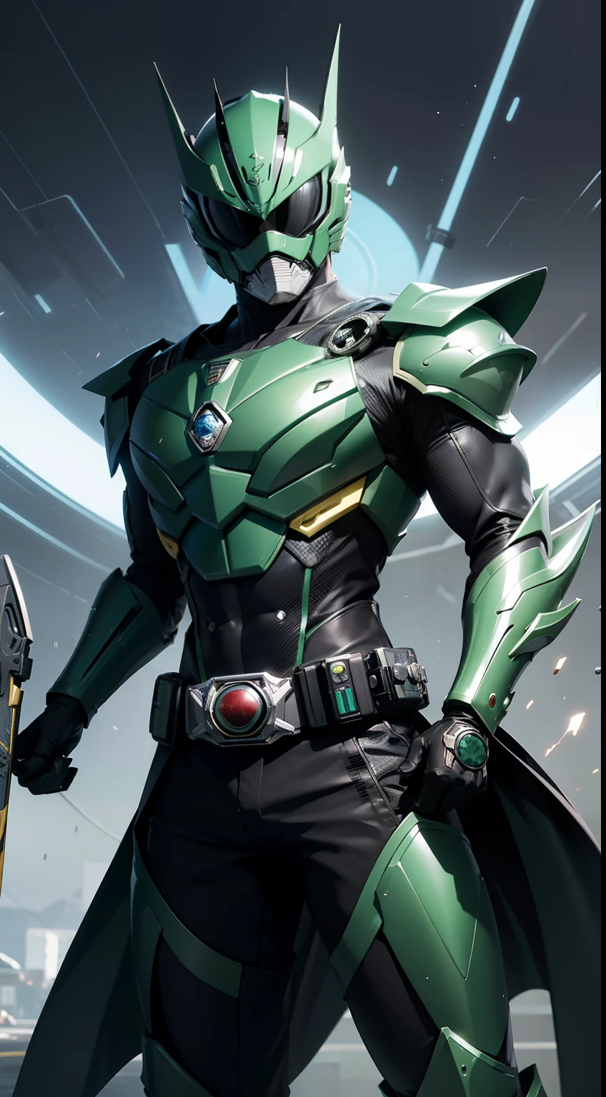8K、Crisp Contours、soio、cyberpunked、near future、Mechanic Hero、superhero、Hero Suit、tokusatsu hero、Kamen Rider、rifle、Heisei Rider、Reiwa Rider、Transformation Belt、The transformation belt has a card insert.、Kamen Rider transforming with cards、Mechanic helmet、Mechanical Armor、stylish、action、full bodyesbian、From head to toe、Make your transformation belt stand out、Possession of the card holder、Pose holding a card、Large compound eyes、Two tactile sensations、Jagged jaw parts、Full-face helmet、Eyes and belt are shining、Kamen Rider cards scattered in the background、The motif is grasshopper、