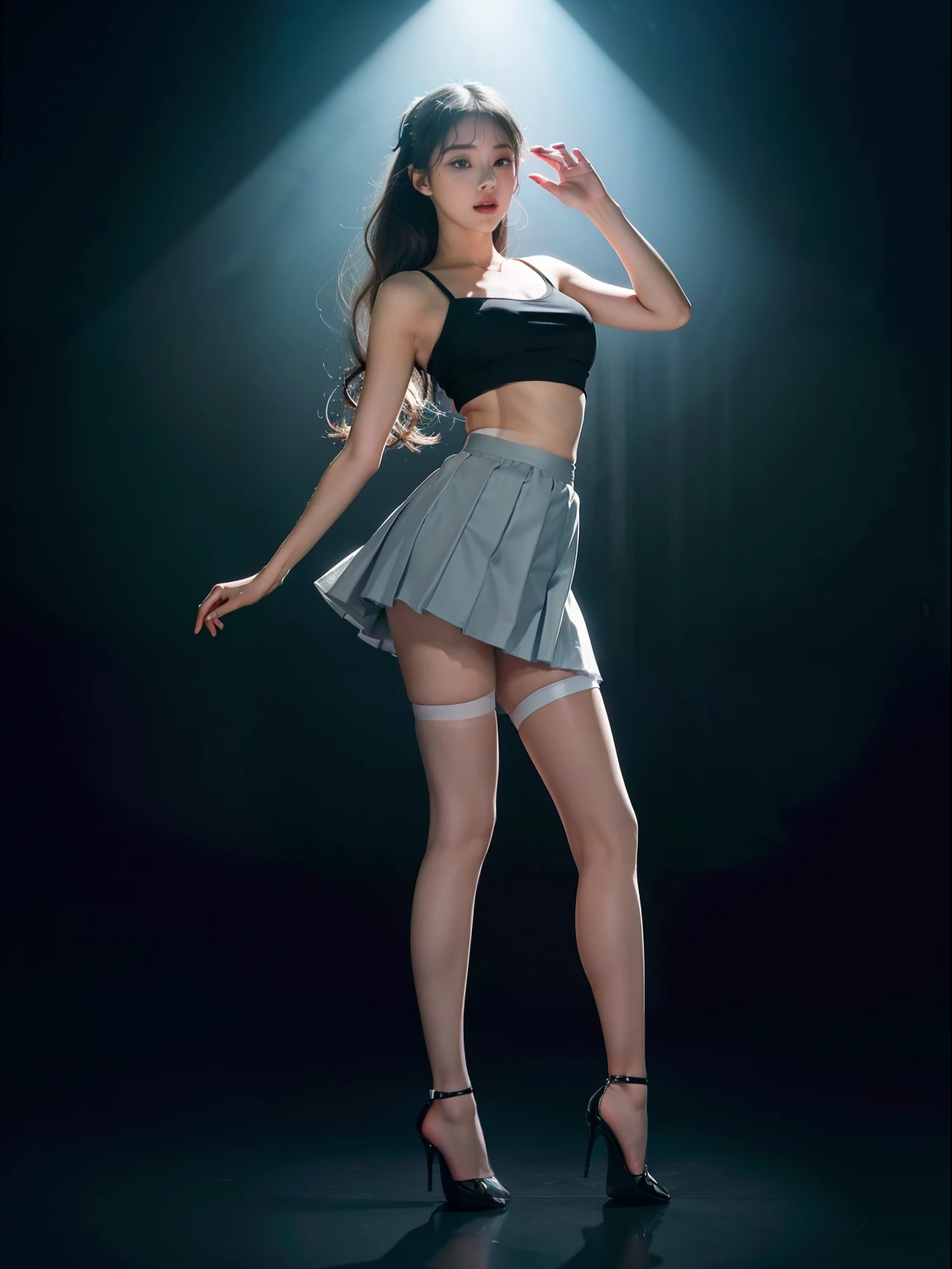 Splitting characters is prohibited，(Full body shot:2),(1girll:1.5)， Must show your face, (anatomy correct:1.3), (Dance on top of a mountain:1.2)，The breath of nature， (Lolita skirt:1.5)，(Polished pointed toe heels:1.2),（lacepantyhose：2）， Keep your feet off the ground，（In pink|amarelo|blue colors|green color|red colour|white colors|black in color|purpleish color|greys|Beige|Flesh-colored），(Accurate and perfect face:1.3)，（Skin reflection：2），（gloss on the skin：2），A shallow laugh, Complex and diverse backgrounds，Strangling effect,hyper HD, Ray traching, reflective light，structurally correct, Award-Awarded, high detal, lightand shade contrast, Face lighting，cinmatic lighting, tmasterpiece, super detailing, high high quality, high detal, best qualityer, 16k