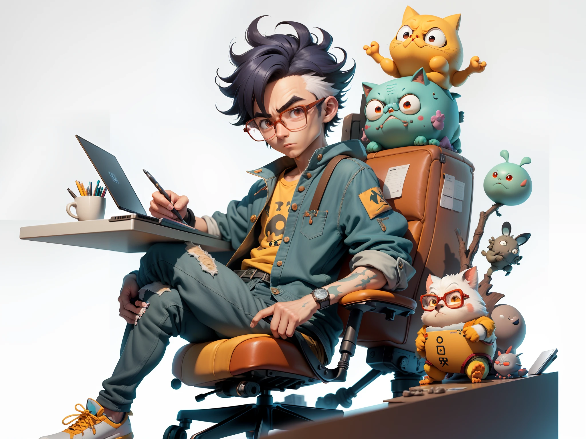 A young man with glasses sits at his desk,holding laptop,digitial painting,3D character design by Mark Clairen and Pixar and Hayao Miyazaki and Akira Toriyama,4K HD illustration,Very detailed facial features and cartoon-style visuals。