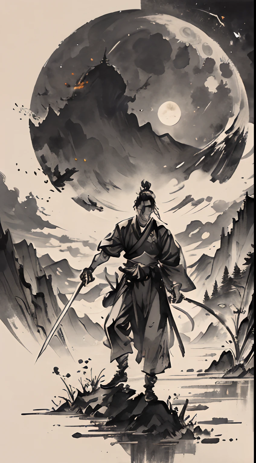 A magnificent masterpiece, hiquality, night time, Hills, Clouds, full moon, hairlong, Boy with a sword, silhouette, Fireflies, samurai of the Sengoku period, Sekiro