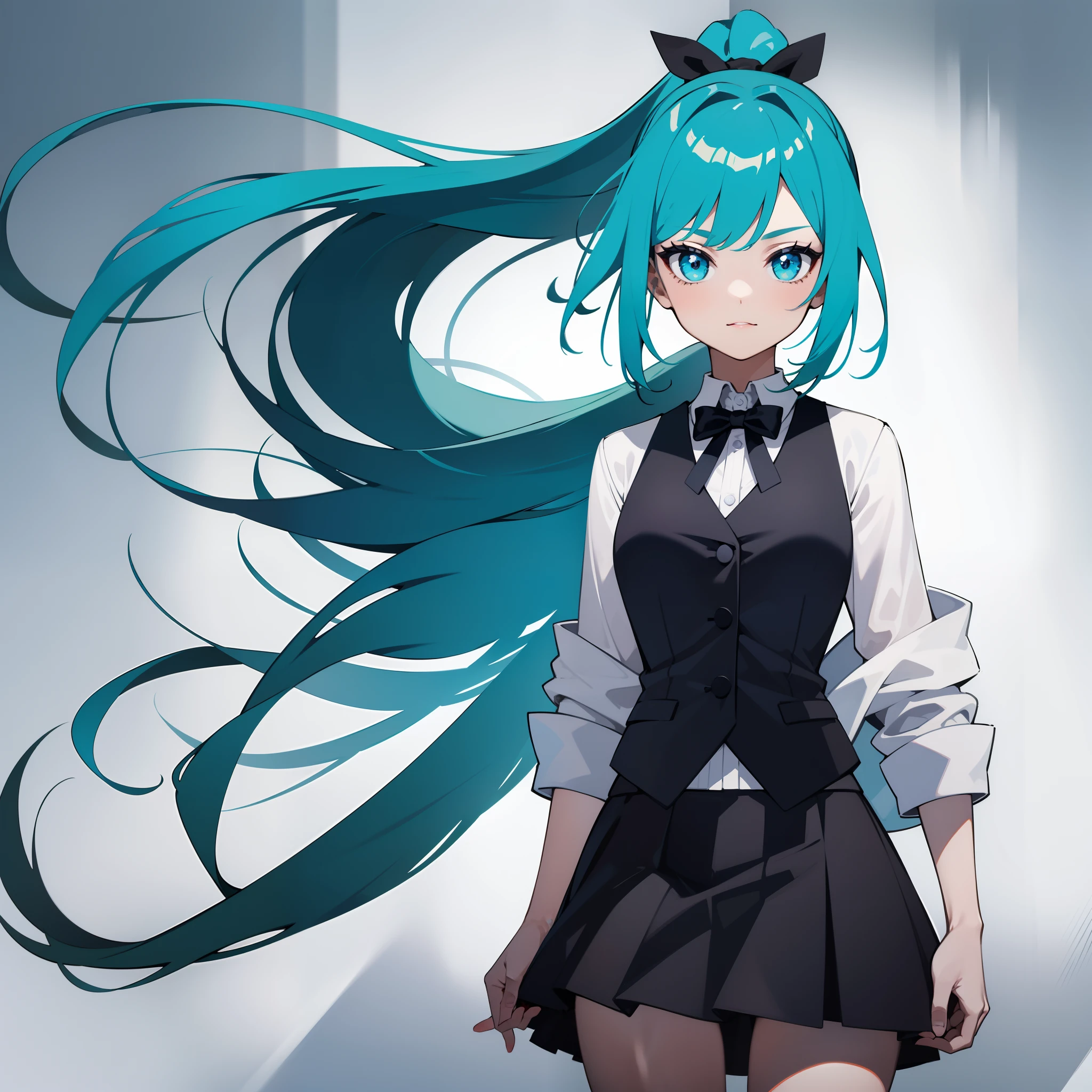 Masterpiece, Best quality, A high resolution, A girl wears a long ponytail，cyanhair，cyan eyes，Wearing a black vest，White coat，black short skirt