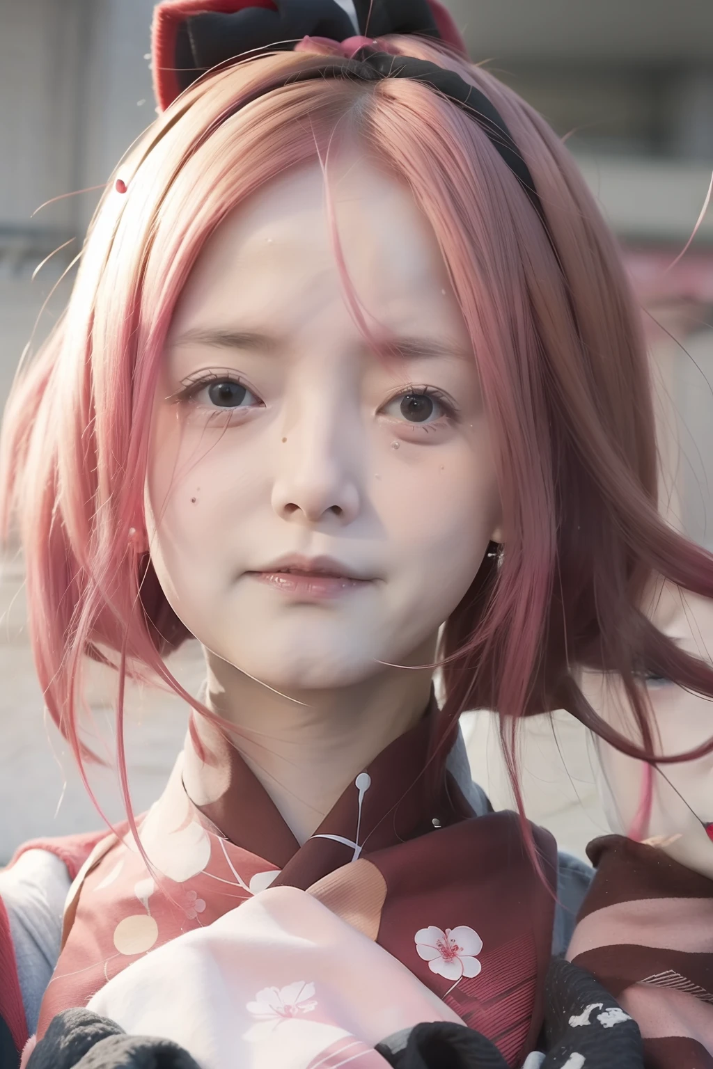 Sakura haruno. A woman was crying. She had pink hair. His skin was white. It's red. Her cheeks were rosy. He wore a red kimono
