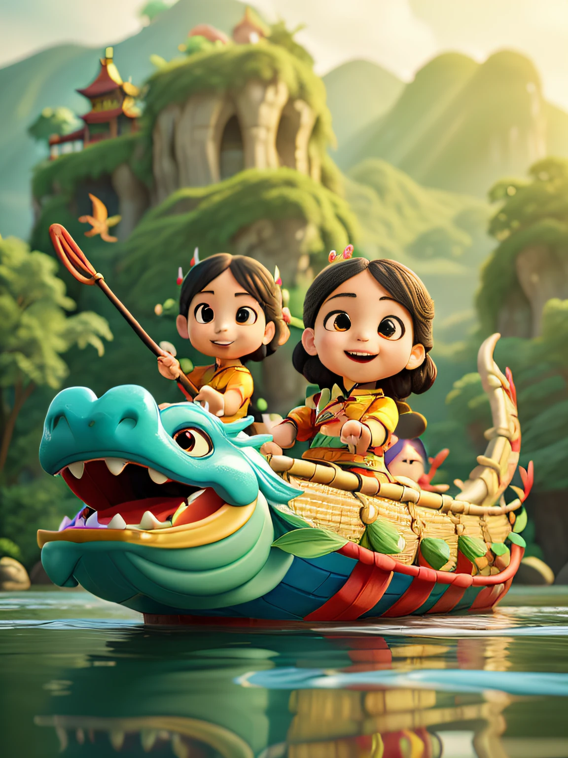 Children in Chinese costume rowing dragon boat,Exquisite features, Happy expression, Lively atmosphere,Chinese dragon and horn, Chinese Dragon, traditional Chinese festivals, Dragon boat festival, rice dumpling, water, dragon boats, Summer, Chinese wind,A hillside looming in the distance,3D art, C4D, 3D rendering of, Light and shadow, Depth of field, Best quality 8k,(style expressive),rainwater,adolable