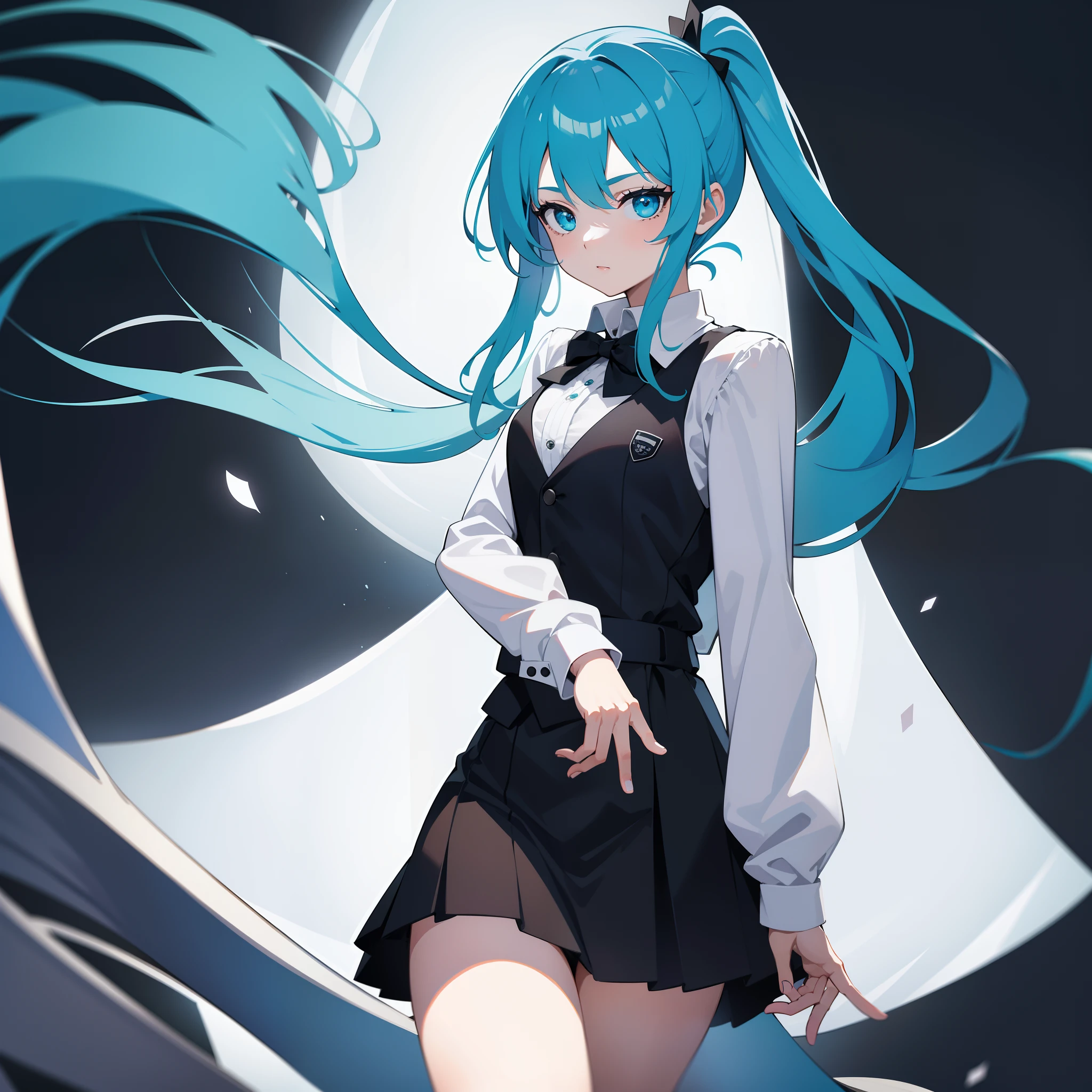 Masterpiece, Best quality, A high resolution, A girl wears a long ponytail，cyanhair，cyan eyes，Wearing a black vest，White coat，black short skirt