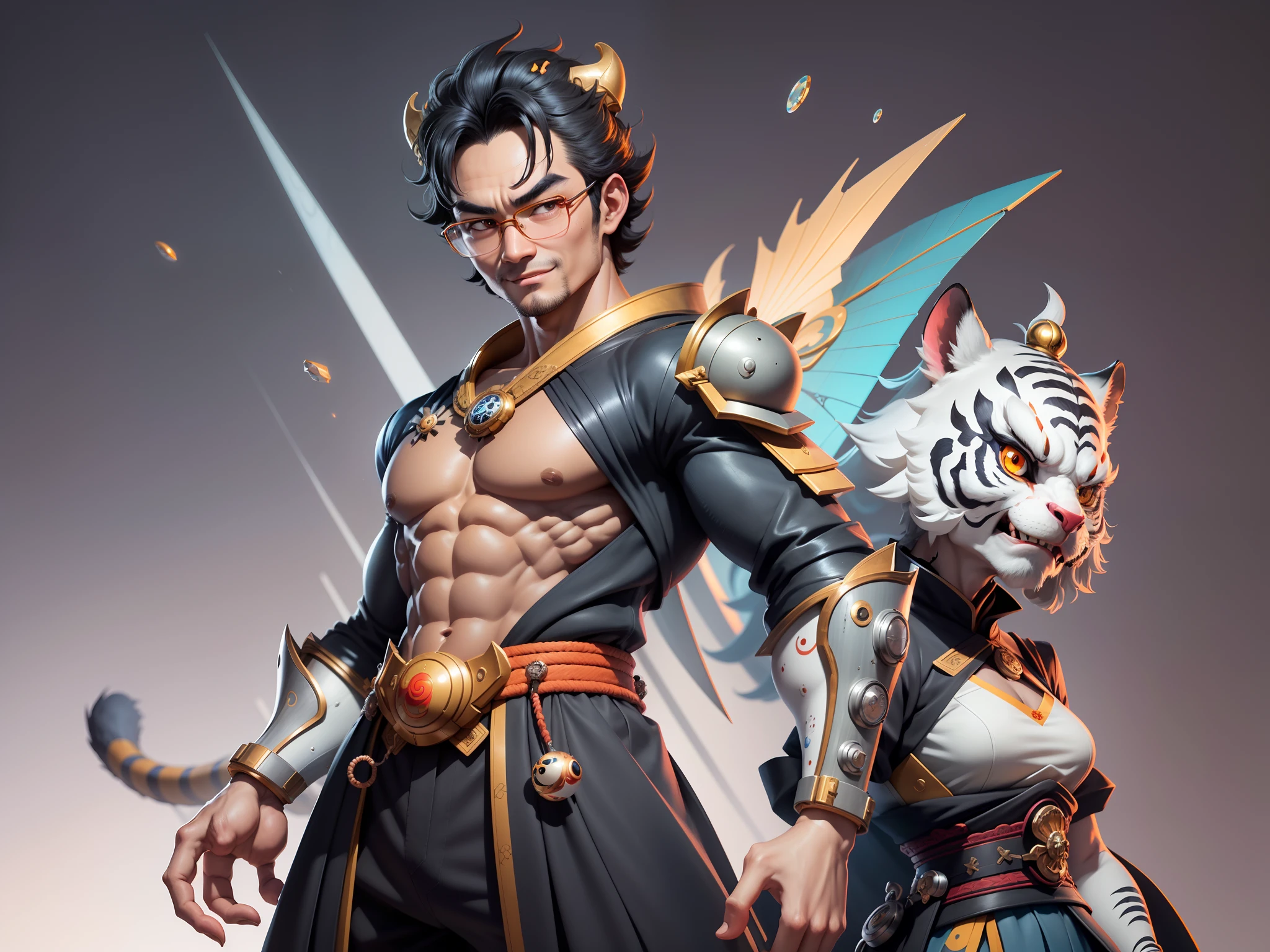 (Masterpiece), (Excellent), (Super Meticulous), (Full Body: 1.2), Super Young Man with Japanese Female Geisha, Pretty, Beautiful, Chinese Dragon, Tiger, Wind God Thor, Sexy, Bursting, Oriental Face, TV Anchor, Bust Portrait Illustration, Black Suit, Blue Tie, Slightly Chubby Face, Silver Glasses, Very Clean Face, No Beard on Chin, Black Super Short Hair, Black Eyes, Confident Smile, 3c Computer Sub-Products, iPad, iPhone, Digital Painting, 3D character design by Mark Clairedon and Pixar and Hayao Miyazaki and Akira Toriyama, the illustrations are HD illustrations in 4K resolution with highly detailed facial features and cartoon-style visuals.