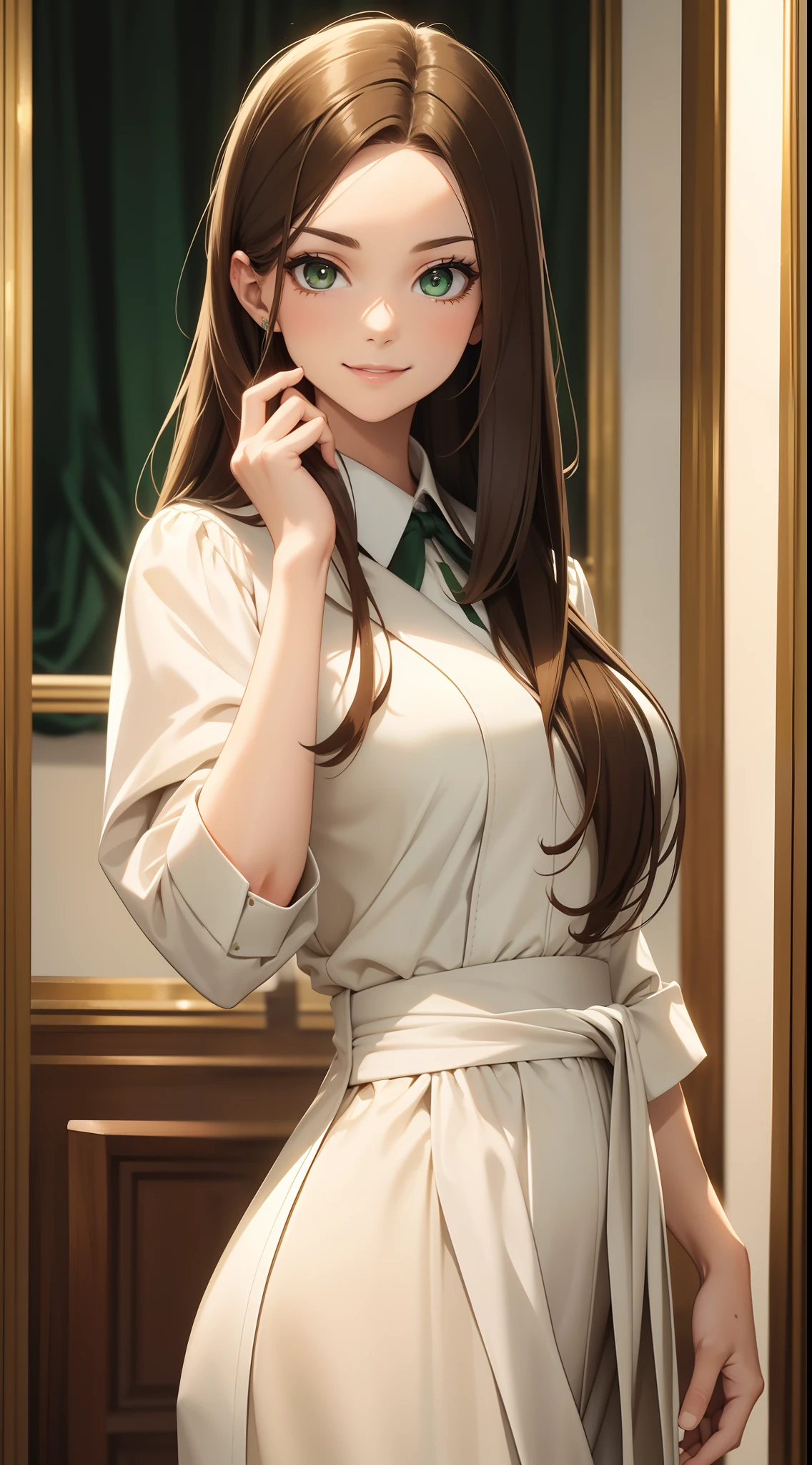 Adult woman, Long brown hair, Green eyes, White formal wear, pomade, Smile, Masterpiece, hiquality