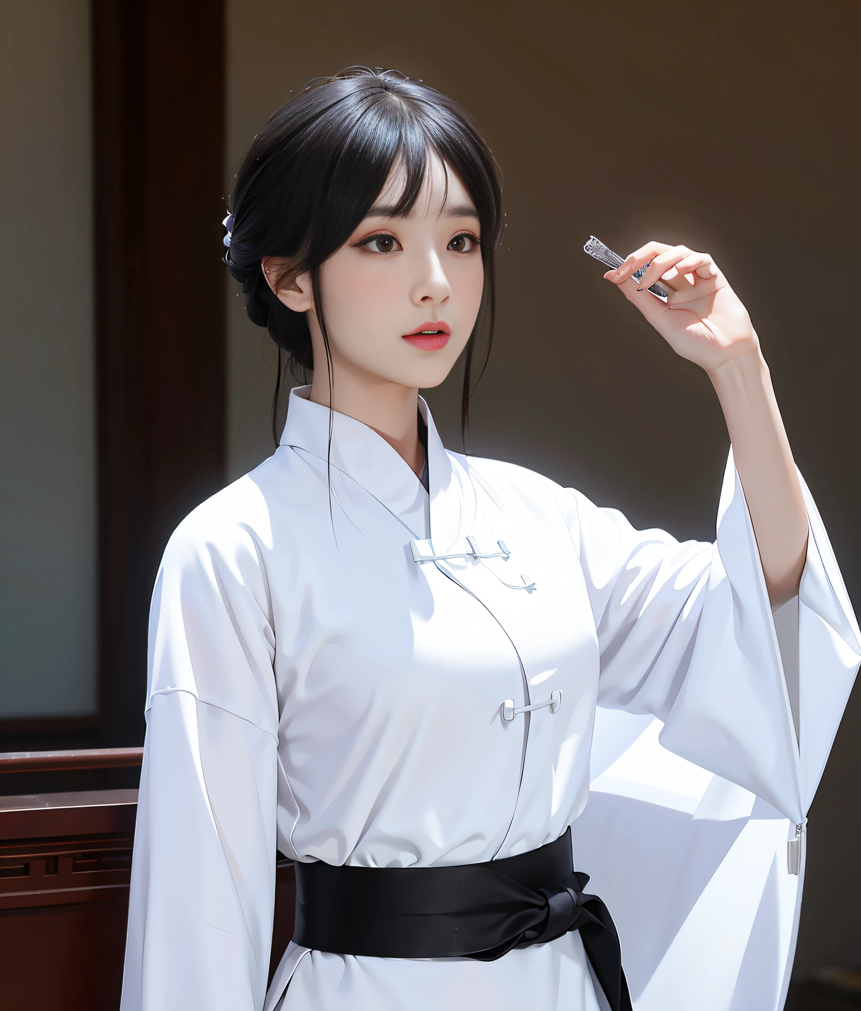 There is a woman in white dress, White Hanfu, Palace ， A girl in Hanfu, Hanfu, inspired by Gu An, with acient chinese clothes, Traditional beauty，Hand detail，Finger details，super detailing，The facial features remain unchanged