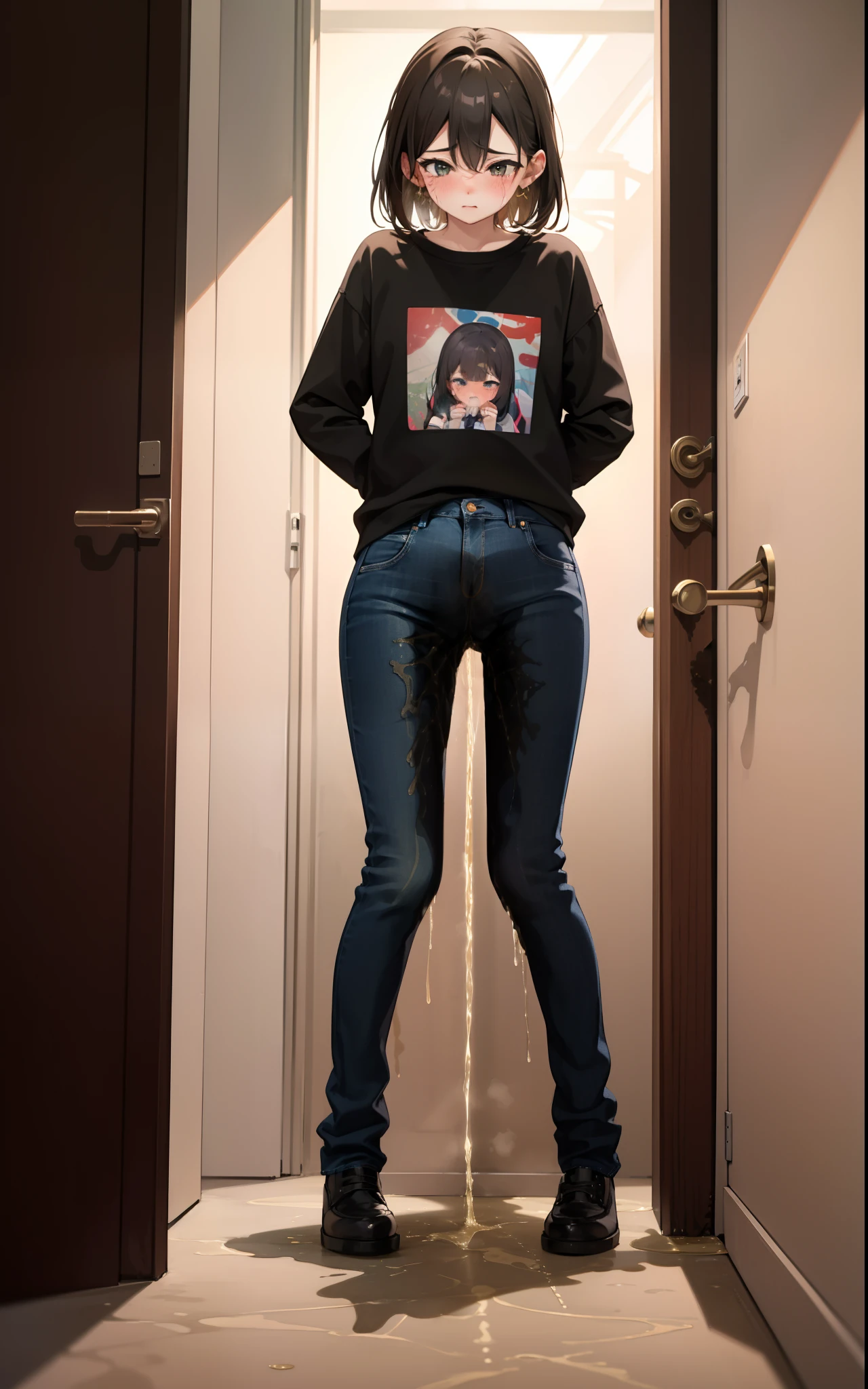 nsfw, masterpiece, best quality, high resolution, (3girls), 20 years old, (blue jeans pants), full body, blush, worried, city park, ((((((pee stain ))))))