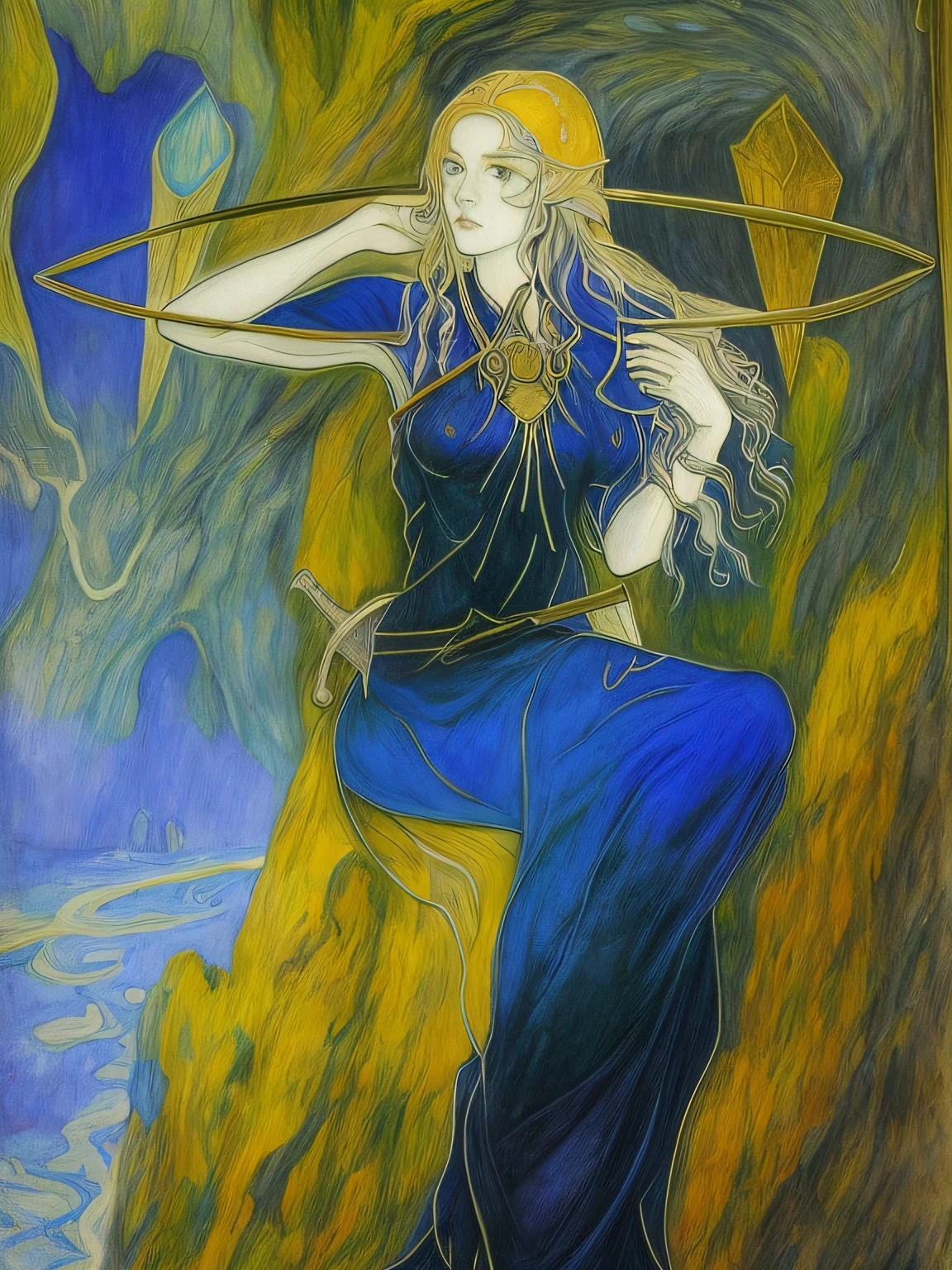 desenho de uma mulher em um vestido azul segurando um aro dourado, inspirado em Philipp Veit, desenho colorido, inspirado em Evelyn De Morgan, desenho colorido, inspirado em Rebecca Guay, fantasia colorir, Fae Sacerdotisa, inspirado em Carlos Schwabe, desenho de fantasia, desenho colorido, inspirado por Jan Toorop, Inspirado em Kris de Deltarrune