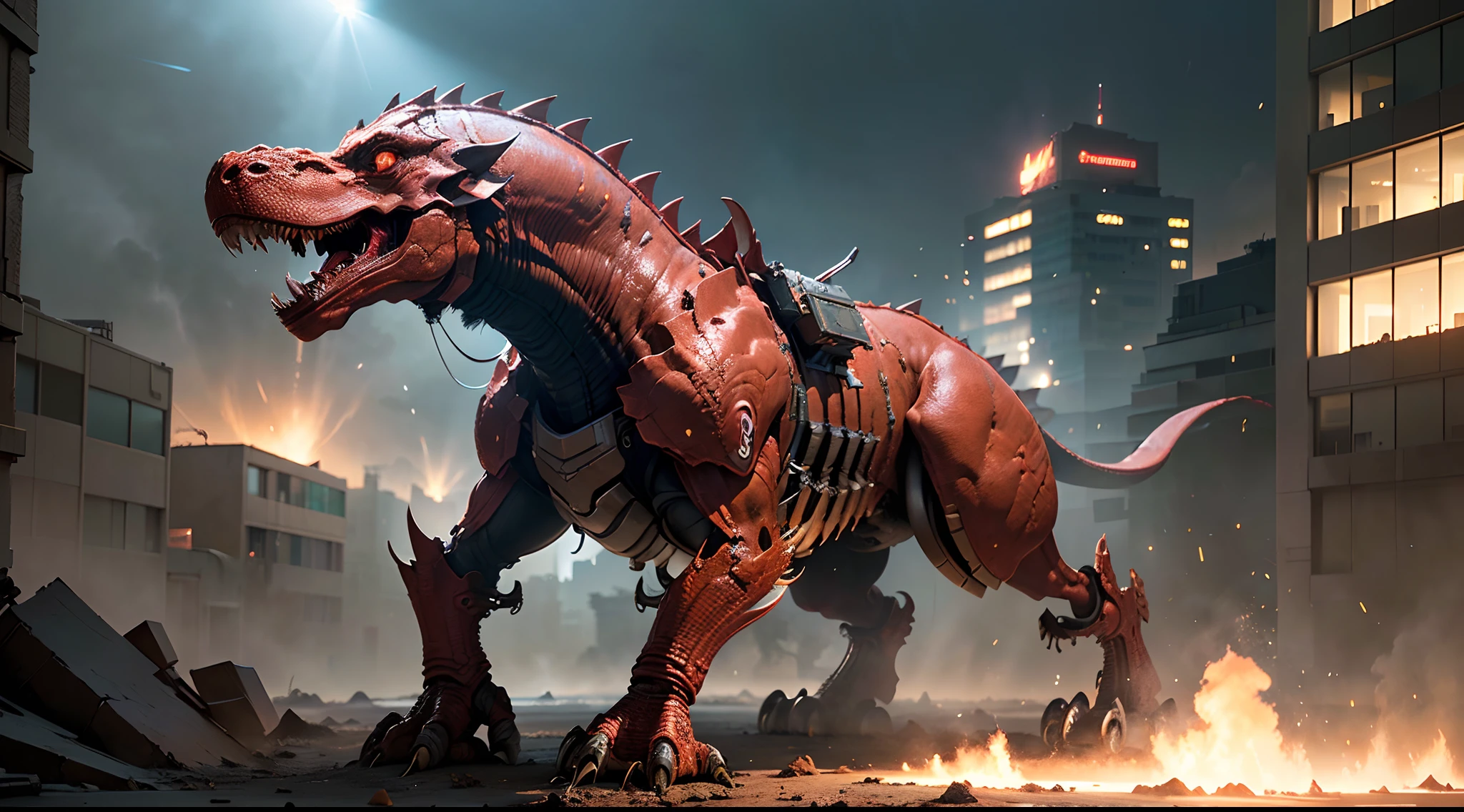 Red Tyrannosaurus rex mech in the ruins of the forgotten city of War, Ancient Techniques, hdr(HighDynamicRange), Ray traching, NVIDIA RTX, Hyper-Resolution, Unreal 5, sub surface scattering, PBR Texture, post-proces, Anisotropic filtering, depth of fields, Maximum clarity and sharpness, Many-Layer Textures, Albedo e mapas Speculares, Surface coloring,Accurately simulate light-material interactions,perfectly proportions,rendering by octane,twotonelighting,Low ISO,White balance,trichotomy,Wide aperture,8K raw data,High-Efficiency Sub-Pixel,sub-pixel convolution,Luminous Particle,Light scattering,Tyndall effect