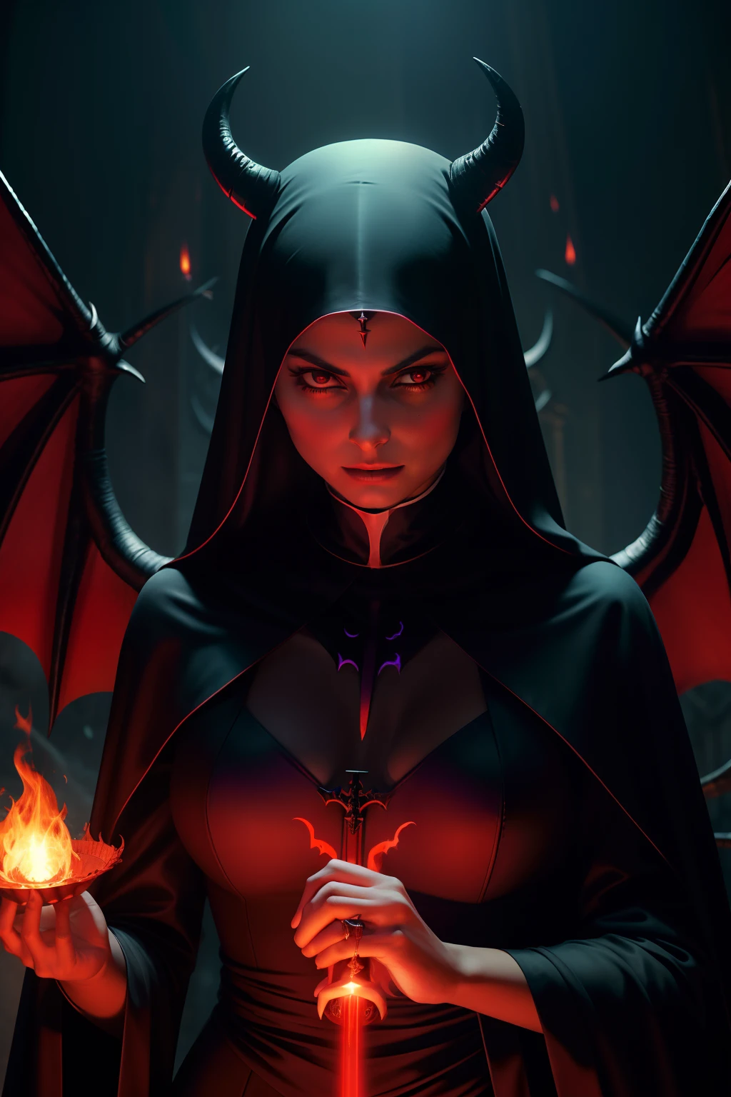 Morena Baccarin : The evil nun, Demon horn, Demon wings on the head , an evil red glow emanating from her, his hands preparing a purple ball of fire, diabolique, insidieux, Context of the Satanic Church