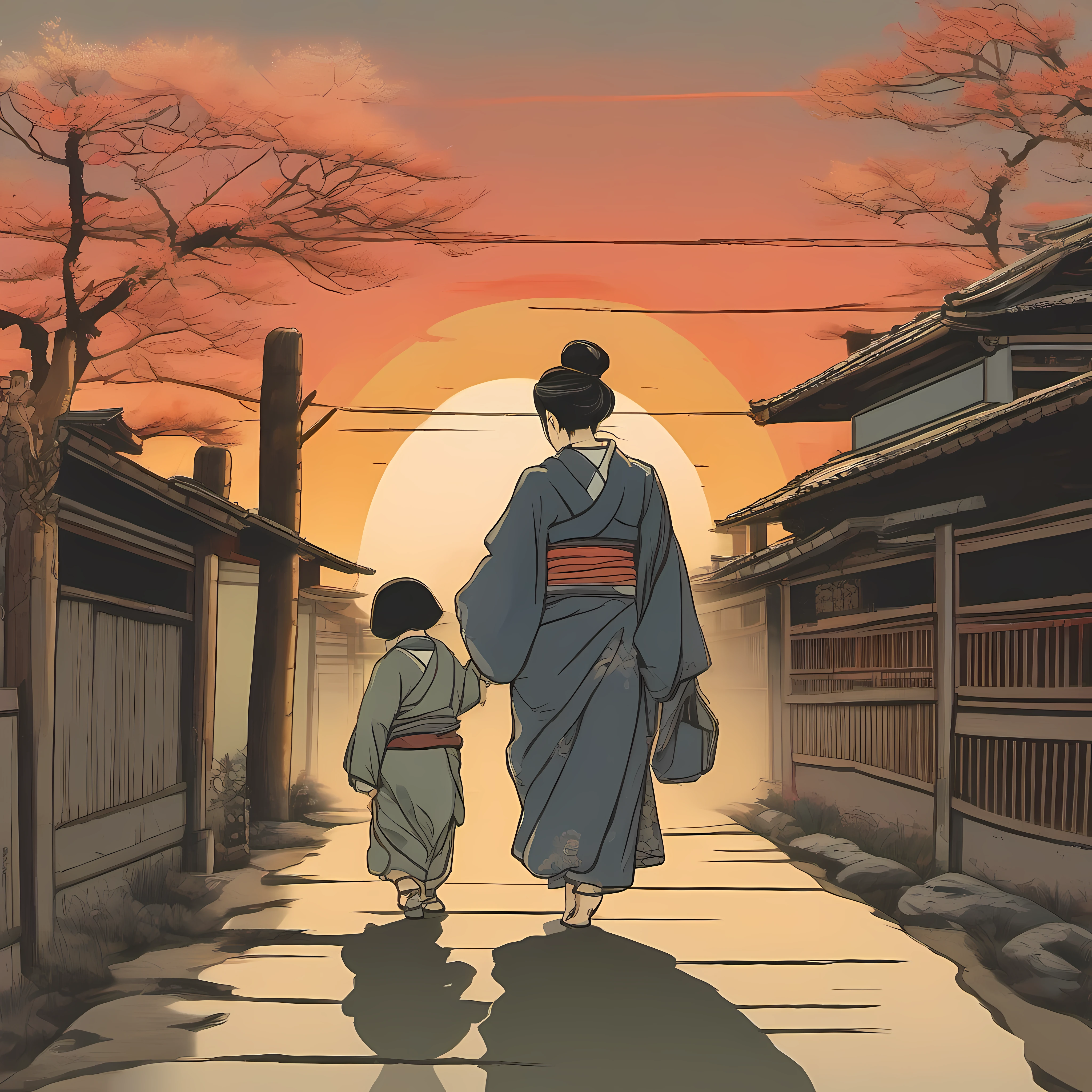 Ukiyo-e style picture of a mother and a child. they are walking in down a road and the child is looking back, talking to each other. sunset.