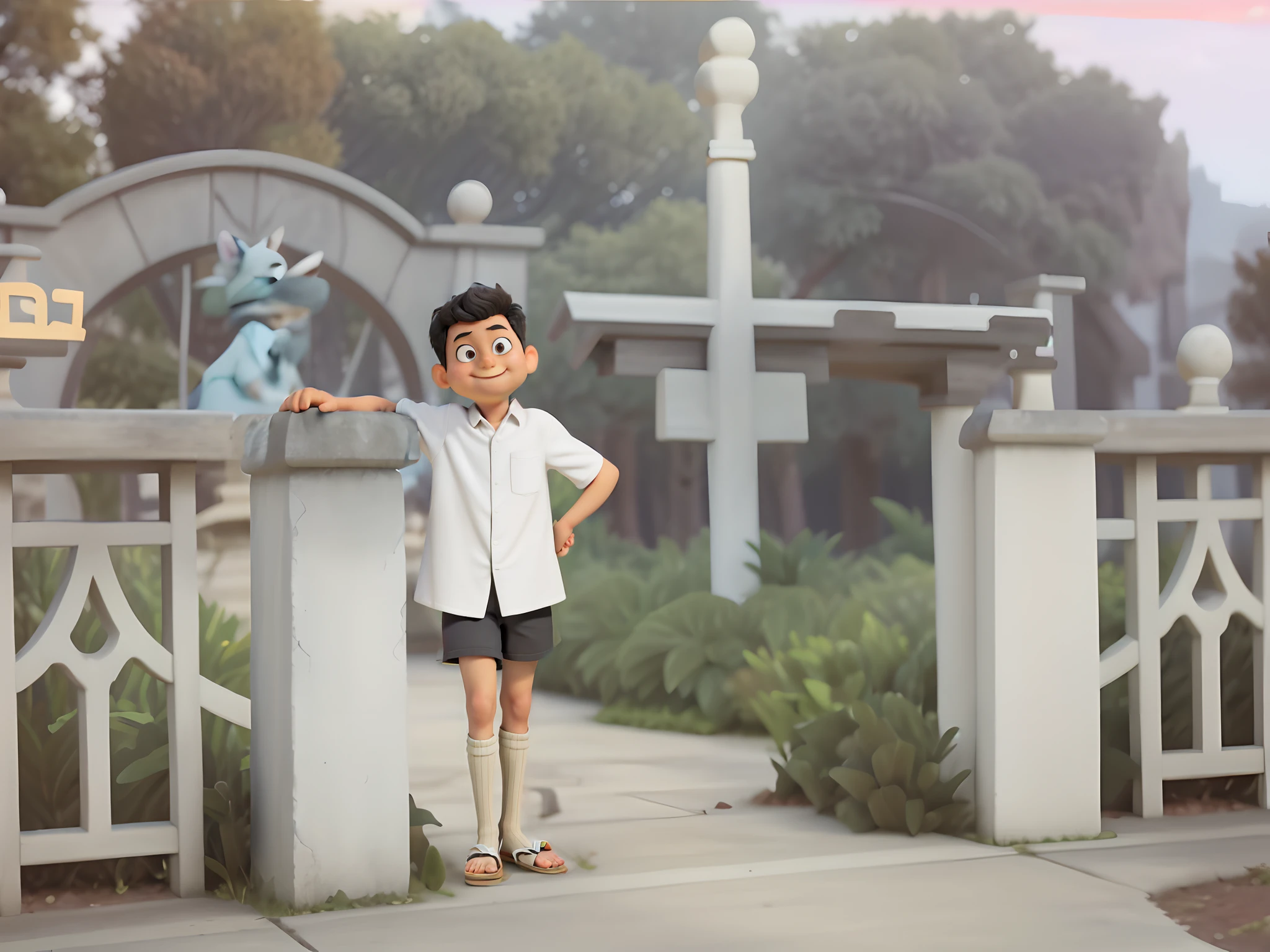 ((tmasterpiece,best qualtiy)),(Complex light),tmasterpiece, High quality, The best quality,ssmile,In front of the park stands a young Asian boy, Delicate facial features,with short black hair,Wears a white short-sleeved shirt,Medium stockings,sandals,The left hand rests on the stone pillar,The right hand crosses the waist,standing astride a gate, age 5, foto antiga, full body pov,Sharp focus,taken in the late 1980s,old color photo,pixar-style,CG,Cartoony,Film light and shadow,8K,tmasterpiece:1.5,perfect detail,