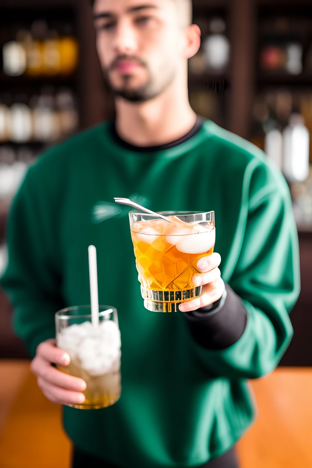 Patron with a sword and a black green sweatshirt