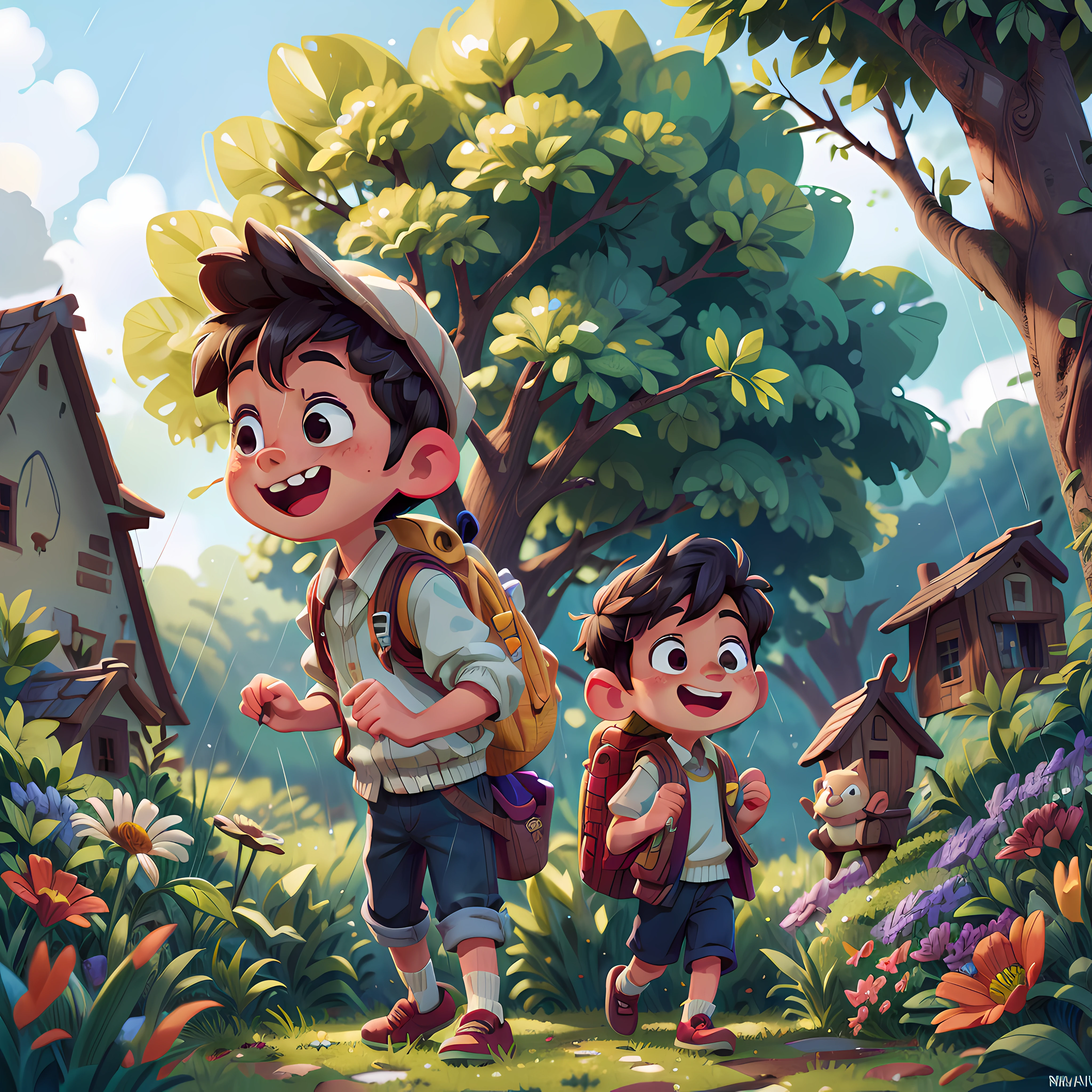 happy, happy, after  boy, wearing backpack, flowers, in a old village, white cloudy sky, rainy, high detailed, 8k, 8k, sun shadow, movie lightning, 8k, RAW photo, best quality, masterpiece, high detail RAW color photo, detailed face, high detailed, 16k, 16k, full body, animals, trees,