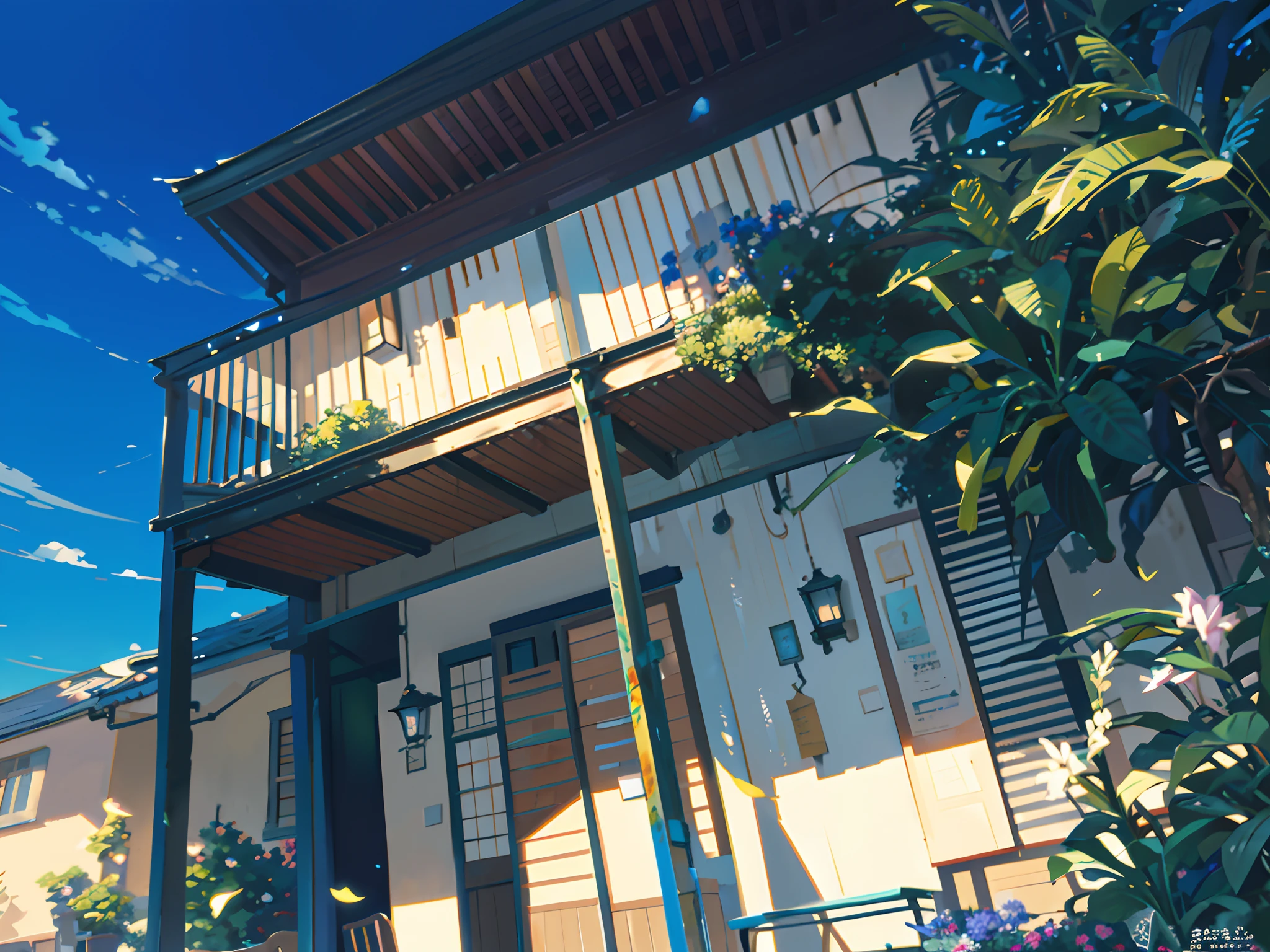 painting of a courtyard with a table and chairs and a bench, anime background art, relaxing concept art, anime scenery concept art, immensely detailed scene, a beautiful artwork illustration, detailed scenery —width 672, studio ghibli environment, highly detailed scene, environment design illustration, beautiful anime scene, ghibli studio style, anime scenery, detailed soft painting, environment painting, houses