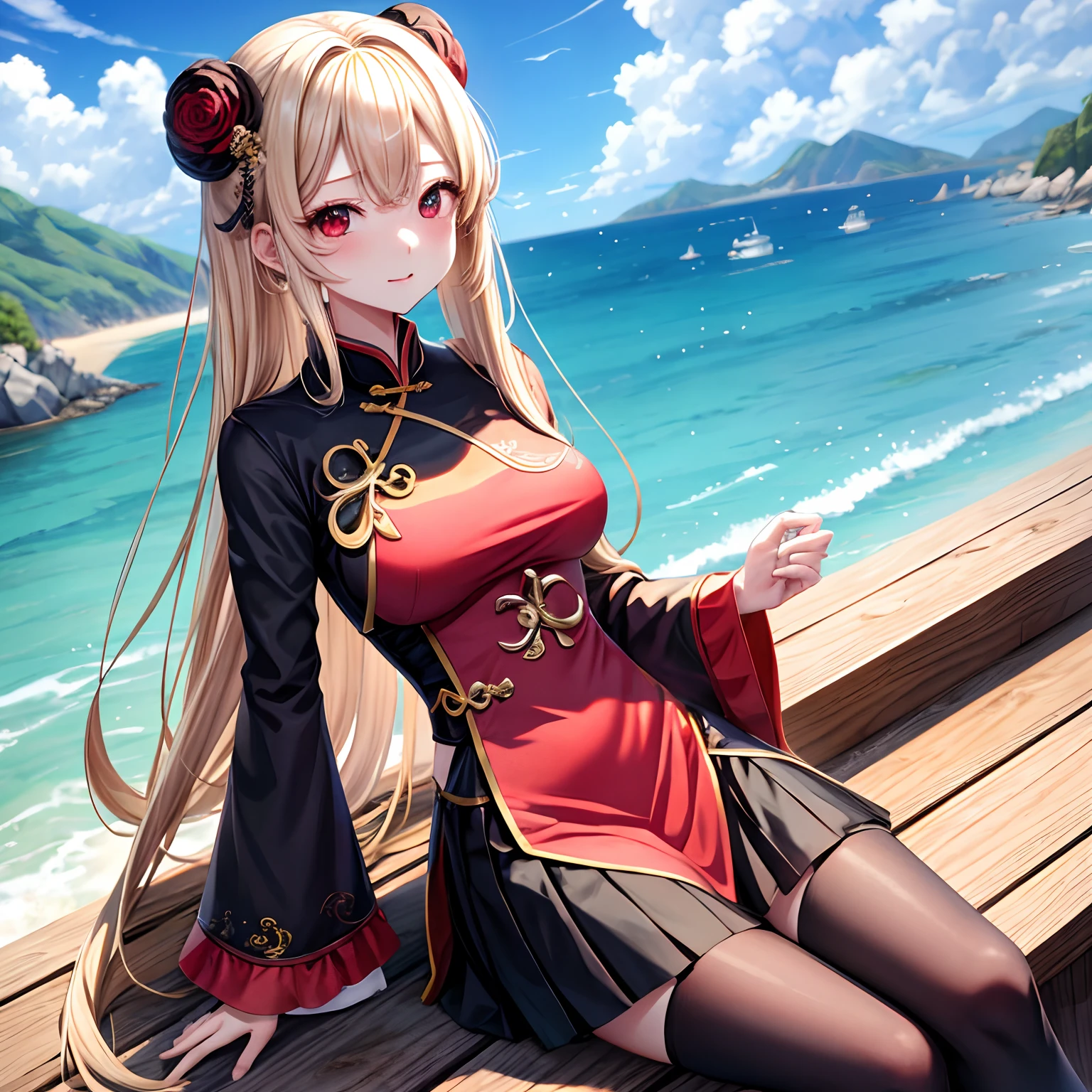 a blond、red eyes、One pretty girl、独奏、animesque、Black china clothes、sea side、a miniskirt
