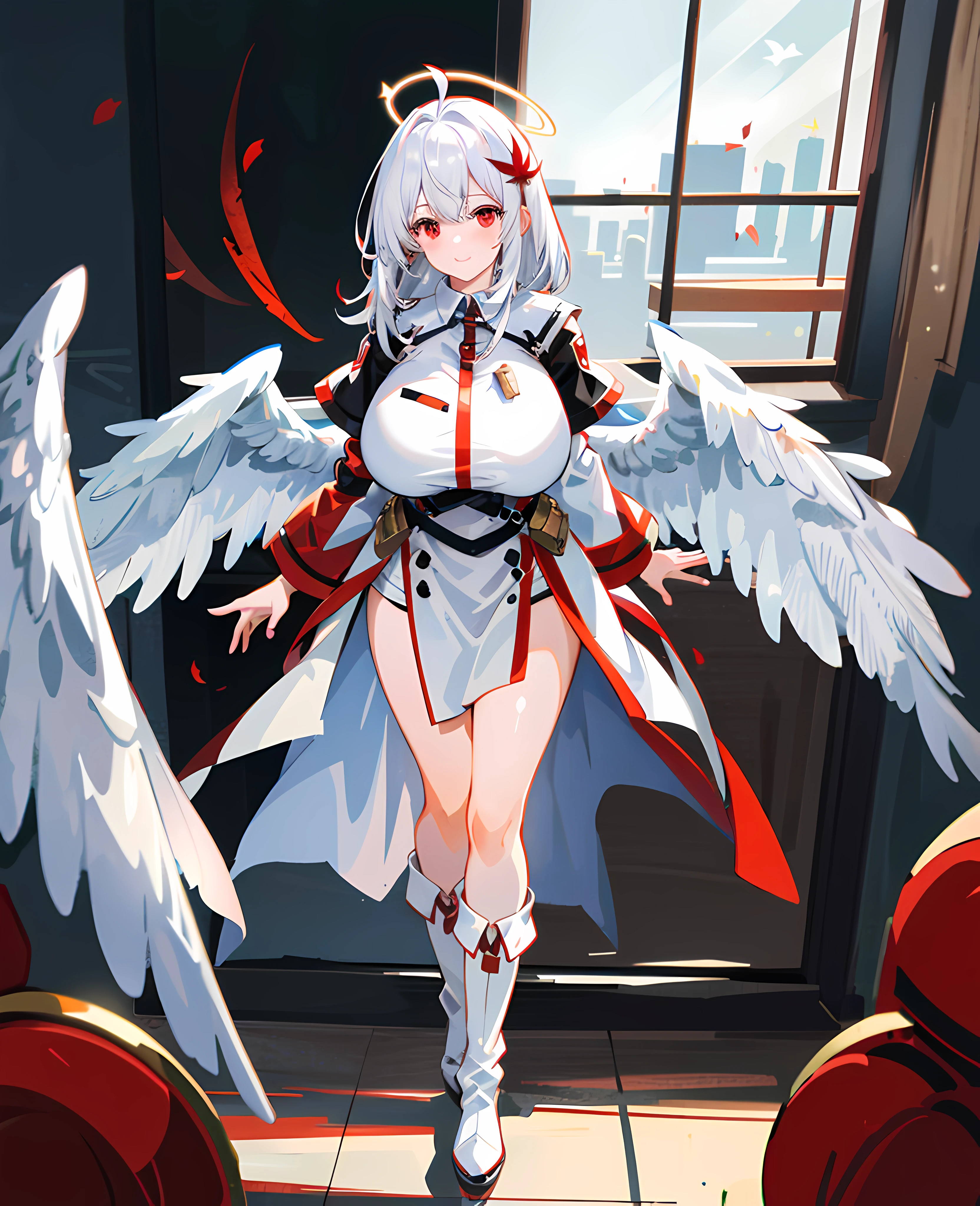 ((Red feather ornaments)), ((((Huge white wings)))), White cloak, White boots, (frontage), Under the sunlight, By the window, White hair, bangs, ahoge, Long hair, Halo, Red eyes, Blush, Blush, Light smile, anime big breast, shadowing, character sheets, first person perspective, hyper HD, Award-Awarded, Halo, High detail, Chiaroscuro, Ray tracing, 16k, Masterpiece, High quality, High details, Best quality, ccurate, Anatomically correct, ((((A high resolution)))), A high resolution,Place your hands in front of you,B cup