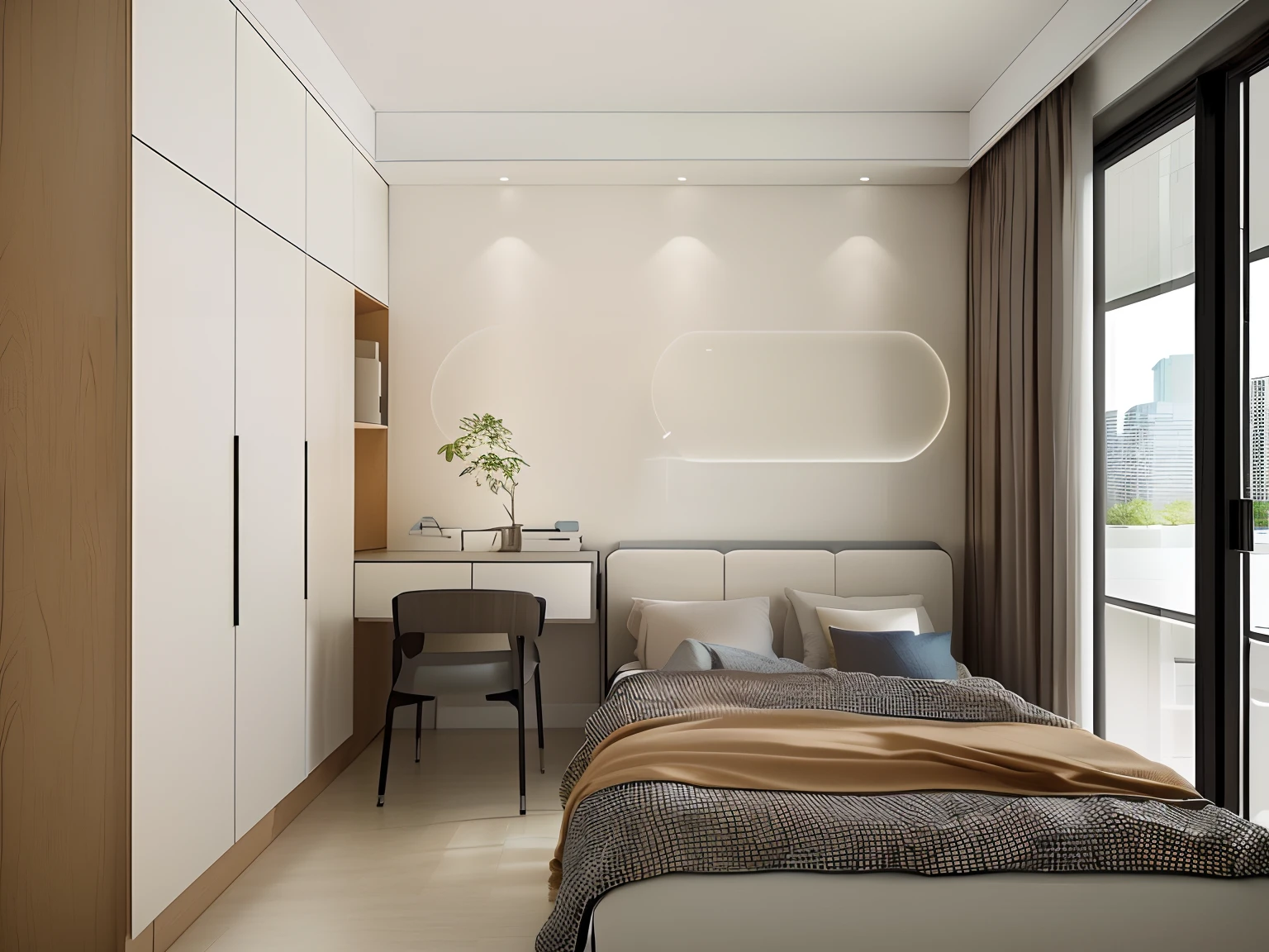 In the corner there is a computer desk with a monitor and a plant, Render in Vray, vray rendered, Rendered in Lumion Pro, office room interior, rendered in vray, photoreal render, render vray, Photorealistic rendering, very realistic 3 d render, Modern office, photorealistic 3d render, photorealistic 3d render