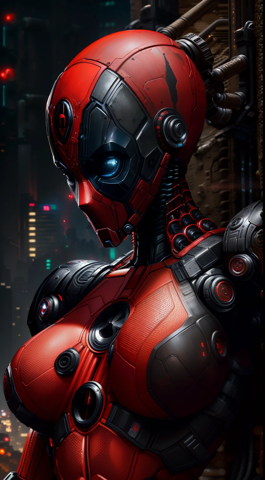 Deadpool girl from Marvel photography, biomechanics, complex robot, red, full growth, full body, big boobs, hyper-realistic, crazy little details, incredibly clean lines, cyberpunk aesthetic, masterpiece featured on Zbrush Central, cyberpunk city backdrop