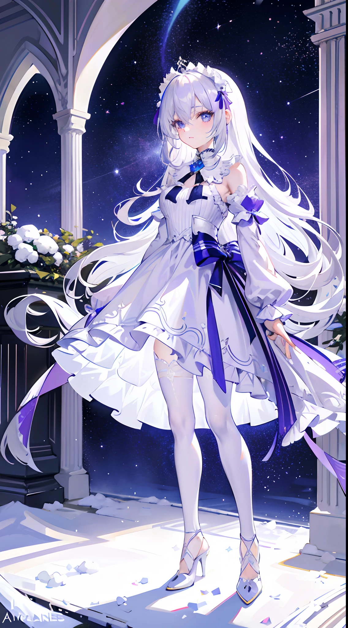 A teenage girl，long and flowing hair，Milky lilac gradient hair color，Lilac pupils，Wear a gorgeous Lolita dress，high-heels，Stand in the snow，Behind it is a silver-white castle covered in snow，Starry sky at night，meteor shower，galactic，Delicate facial features，Delicate costume portrayal