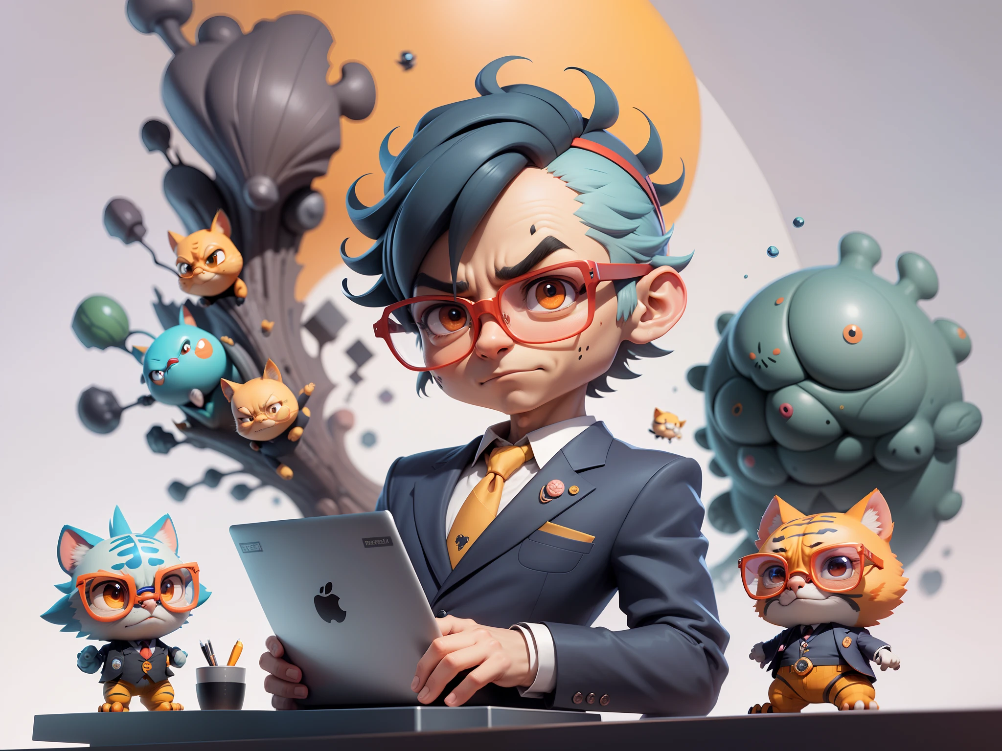 A young man in a suit, Short hair and glasses sat at his desk，holding laptop，digitial painting，tigre，3D character design by Mark Clairen and Pixar and Hayao Miyazaki and Akira Toriyama，4K HD illustration，Very detailed facial features and cartoon-style visuals。