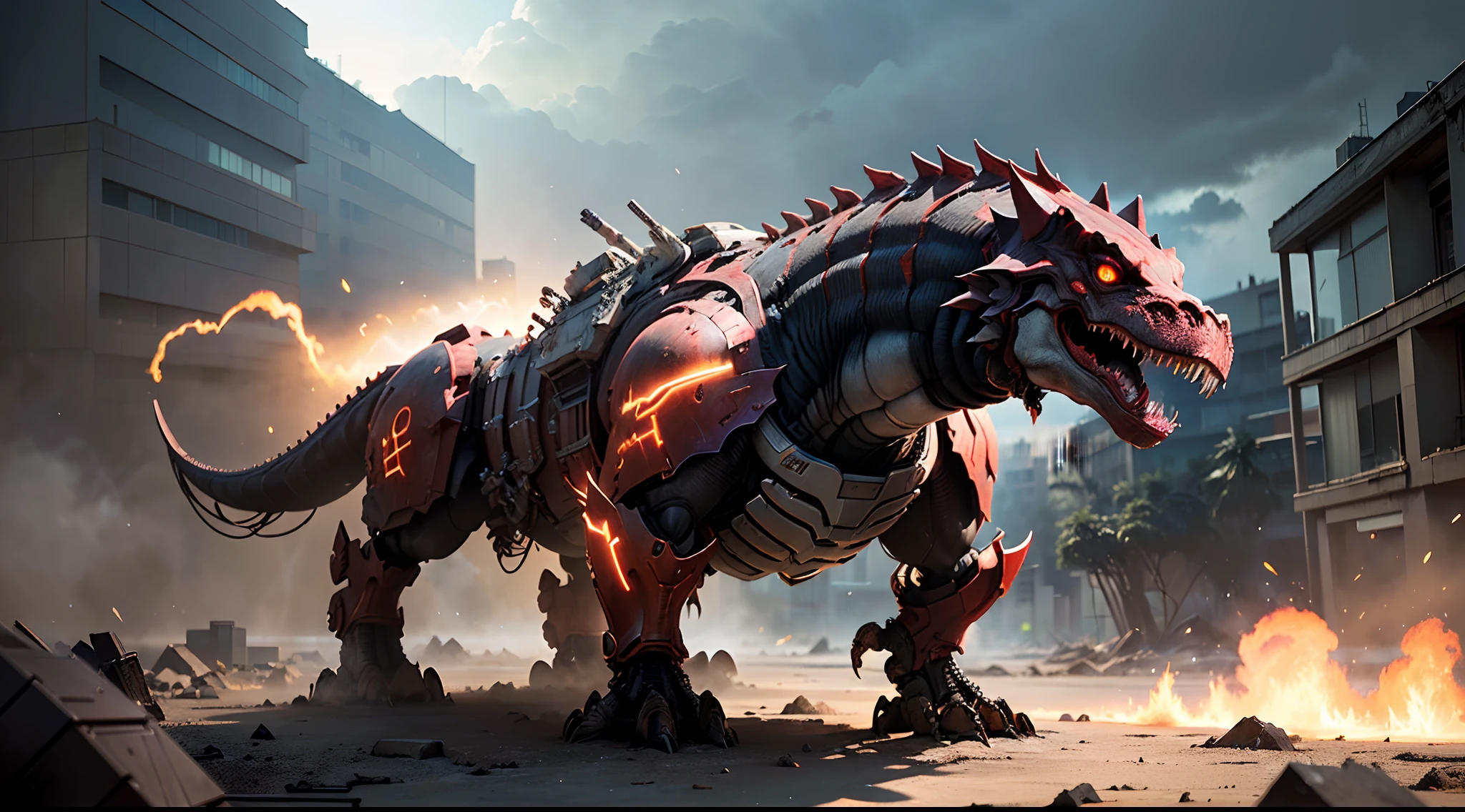 Red Tyrannosaurus rex mech in the ruins of the forgotten city of War， Ancient Techniques， hdr（HighDynamicRange）， Ray traching， NVIDIA RTX， Hyper-Resolution， Unreal 5， sub surface scattering， PBR Texture， post-proces， Anisotropic filtering， depth of fields， Maximum clarity and sharpness， Many-Layer Textures， Albedo e mapas Speculares， Surface coloring，Accurately simulate light-material interactions，perfectly proportions，rendering by octane，twotonelighting，Low ISO，White balance，trichotomy，Wide aperture，8K raw data，High-Efficiency Sub-Pixel，sub-pixel convolution，Luminous Particle，Light scattering，Tyndall effect