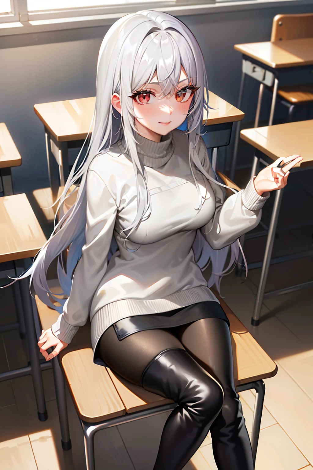 (tmasterpiece，high high quality，light grey sweater，stare，thigh boots，whaite hair，ssmile，sit on chair，Absolute realm，‎Classroom，Sitting，Crossed legs，low head)