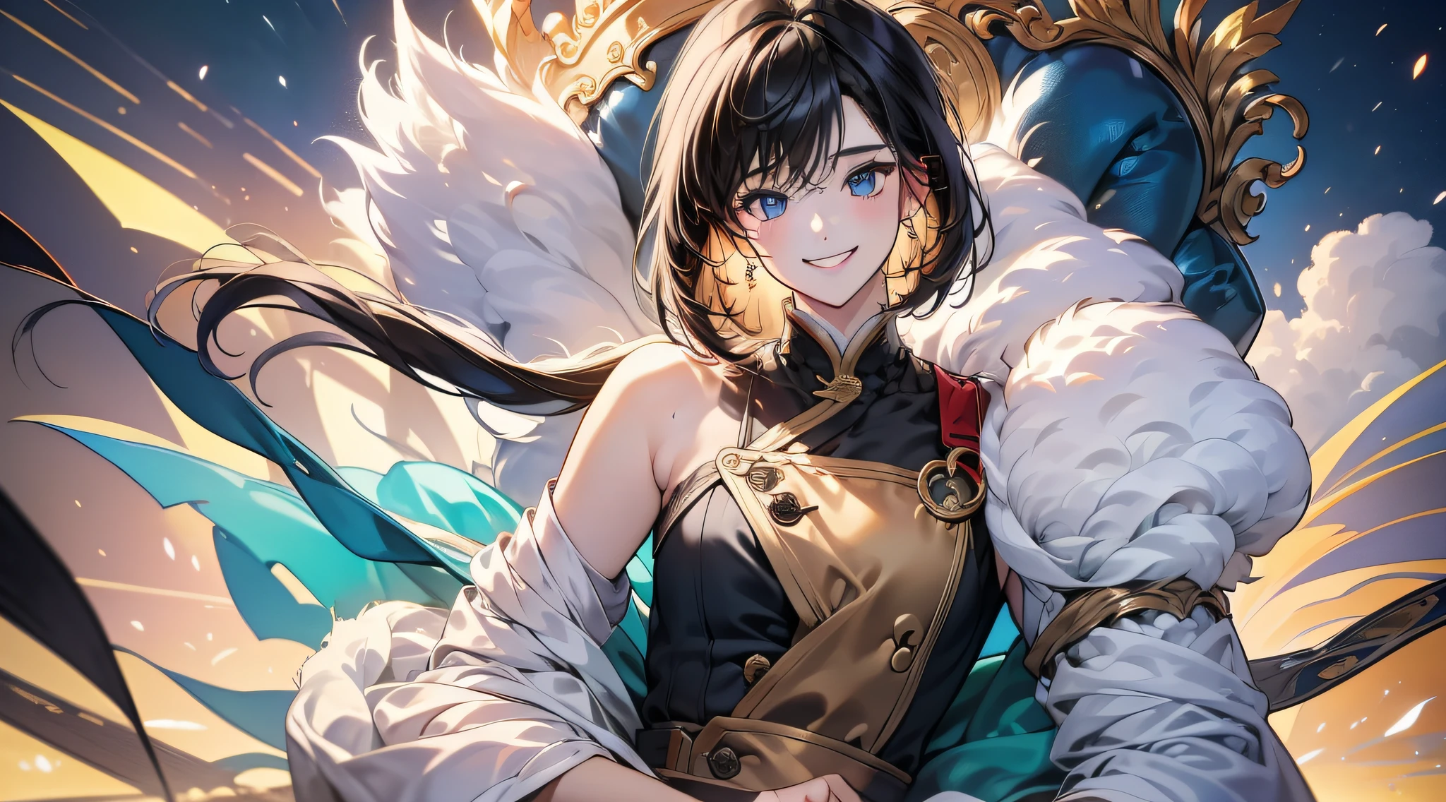 in 8K、top-quality、masterpiece:1.2)、1人の女性、(Smiling smile:1.1)、beautidful eyes、Valley、The upper part of the body、length hair、Like a boy、poneyTail、Gold View、