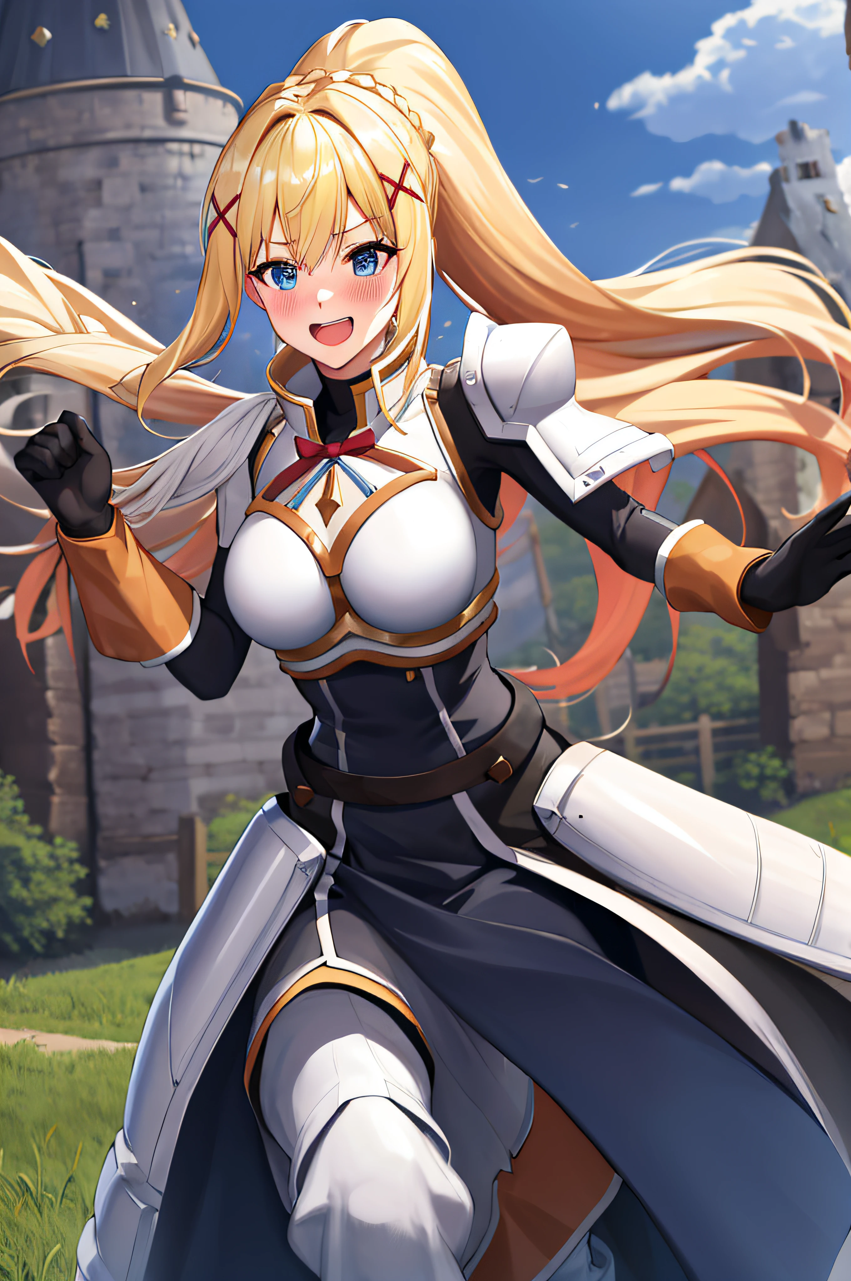 best quality, highres, 1girl, long hair, blonde hair, x hair ornament, armor, blue eyes, ponytail, hair ornament, gloves, shoulder armor, braid, black gloves, pauldrons, white boots, darkness \(konosuba\), large breasts, cowboy shot, castle, outdoors, (excited:1.2), blush, open mouth,