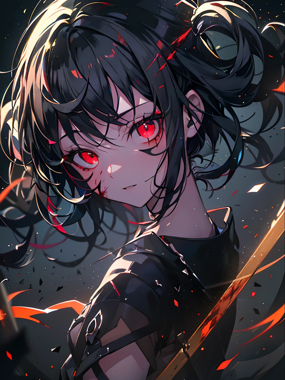 (masterpiece, best quality, ultra-detailed, best shadow), (detailed background,dark fantasy), (beautiful detailed face), high contrast, (best illumination, an extremely delicate and beautiful), ((cinematic light)), colorful, hyper detail, dramatic light, intricate details, (1 girl, solo,black hair, sharp face,low twintails,red eyes, hair between eyes,dynamic angle), blood splatter, swirling black light around the character, depth of field,black light particles,(broken glass),magic circle,